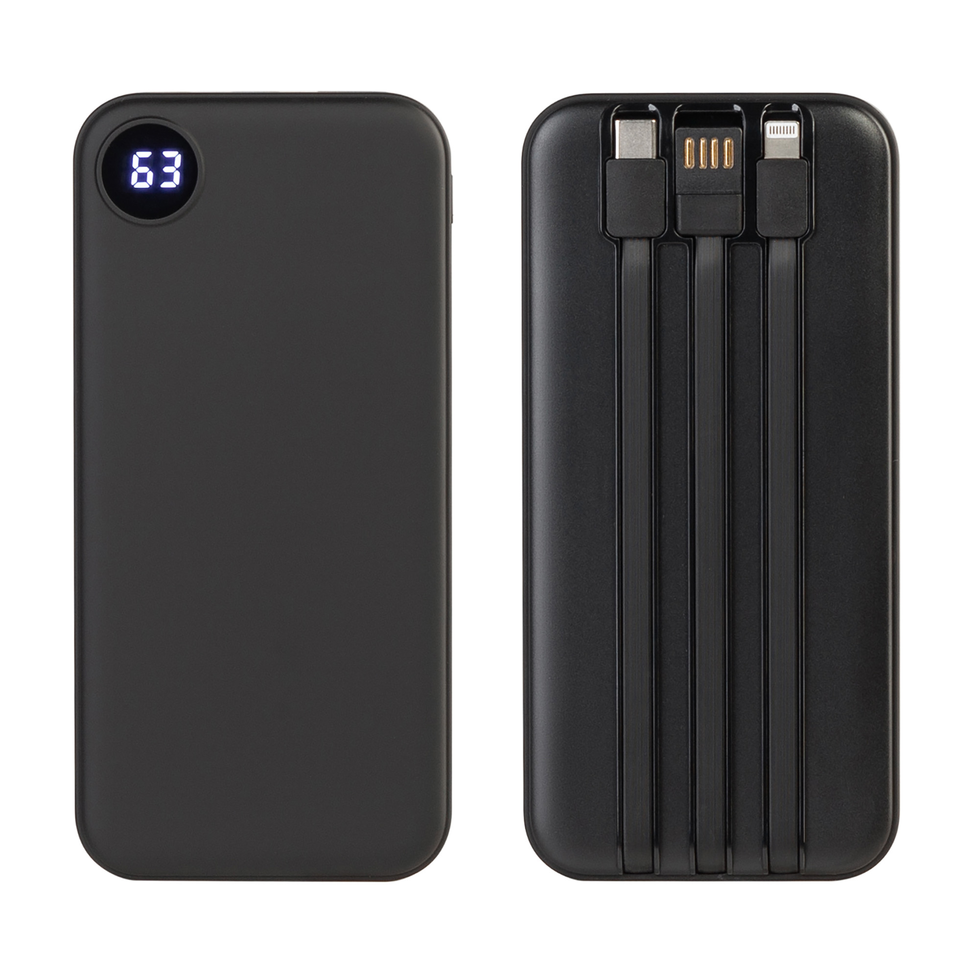 Зарядное устройство "Форт" 10000 mAh с подсветкой логотипа, встроенными кабелями и цифровым индикатором заряда фото на сайте Print Logo.