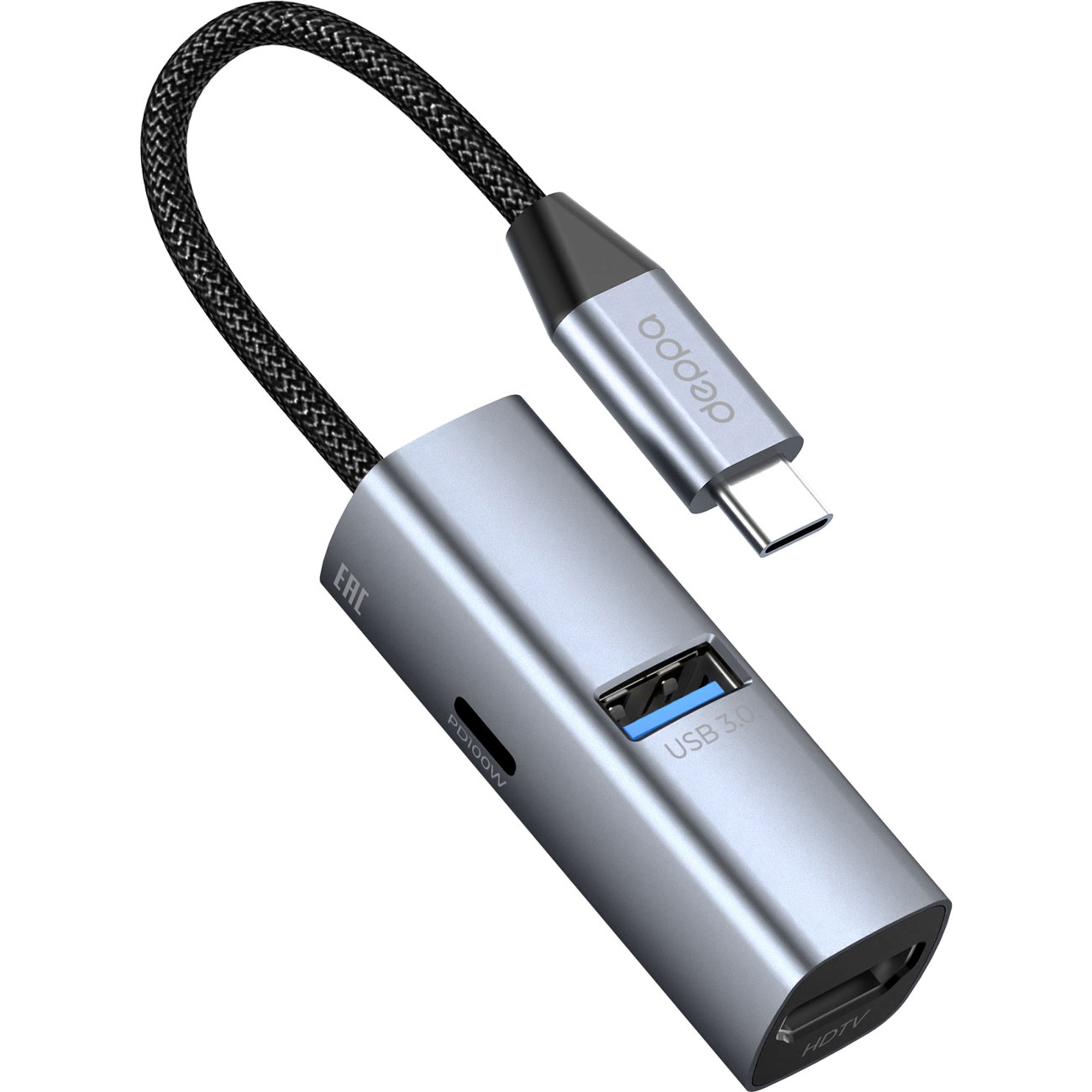 USB-хаб 3 в 1 USB-C - USB-A3.0 + USB-C PD100Вт + HDMI, серый, Deppa