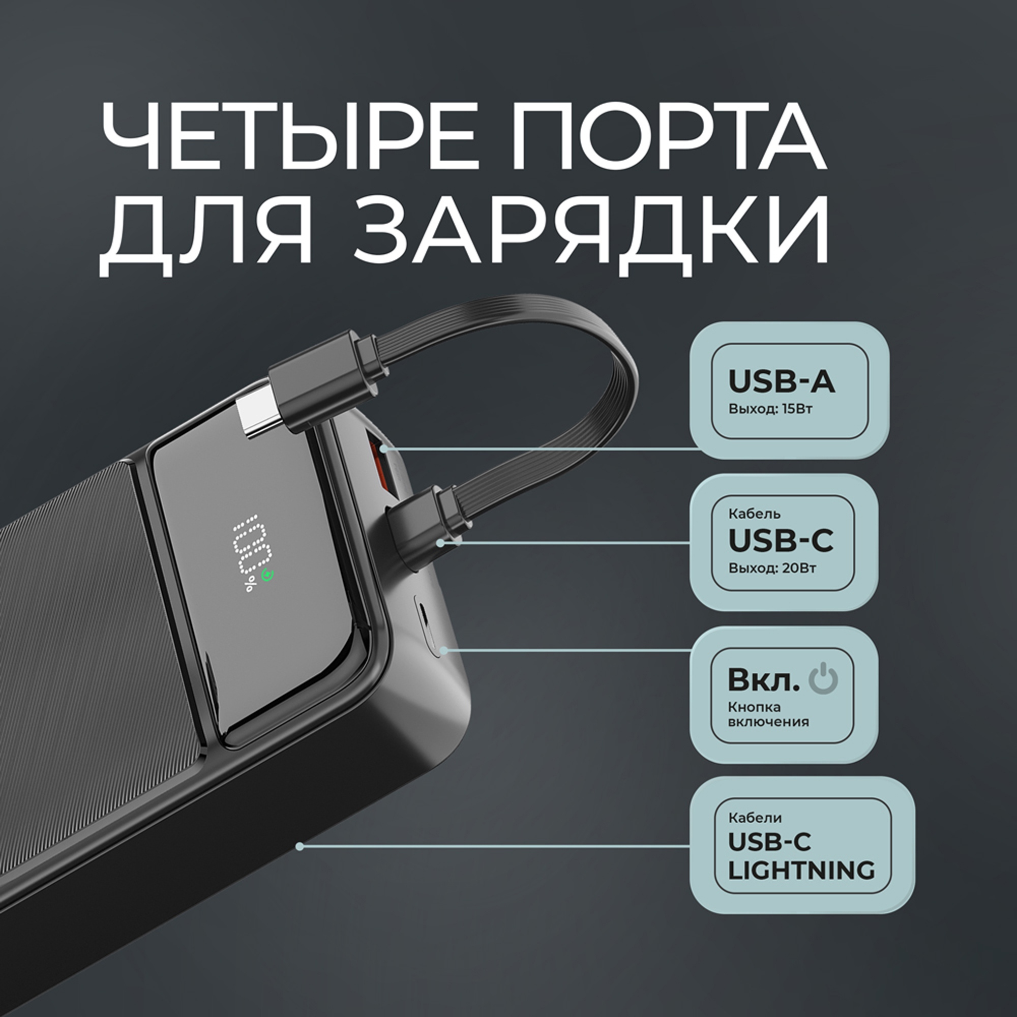 Внешний АКБ NRG Turbo V4c 20000 мА-ч, дисплей, черный, Deppa