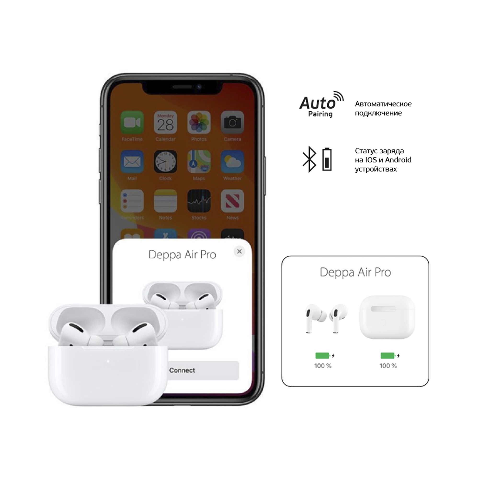 Беспроводные наушники с микрофоном Air Pro 2, TWS, BT 5.3, 300 мАч, QI, белый, Deppa