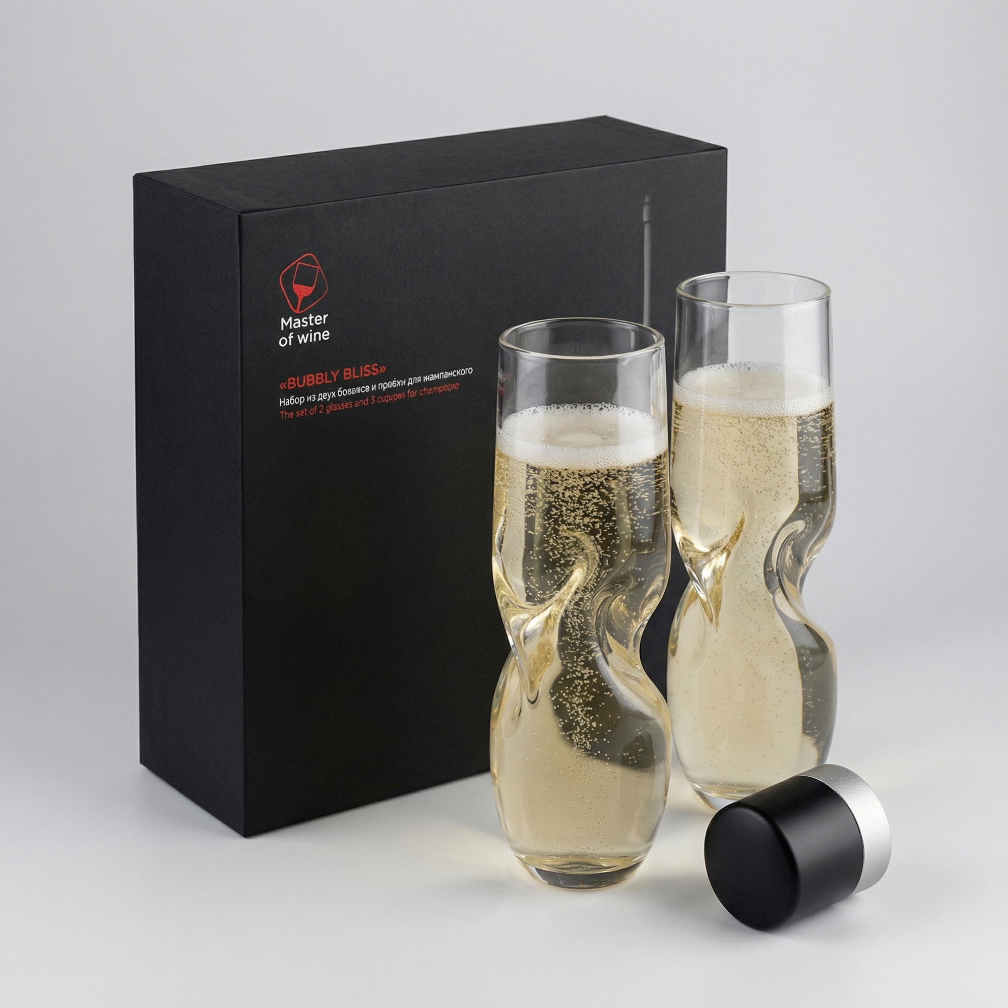 Набор из двух бокалов и пробки для шампанского Bubbly Bliss с логотипом Master of Wine | Print Logo