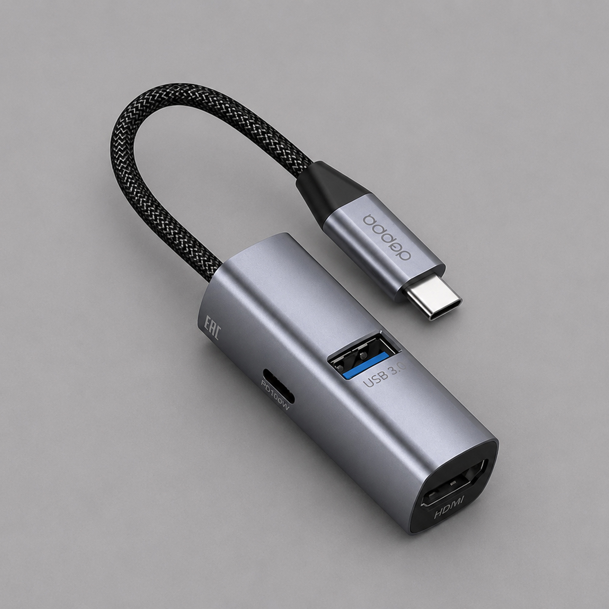 USB-хаб 3 в 1 USB-C - USB-A3.0 + USB-C PD100Вт + HDMI, серый, Deppa