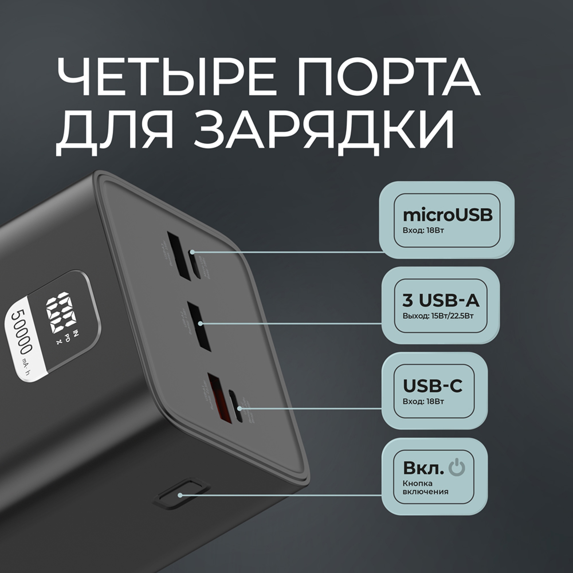 Внешний АКБ NRG Turbo V4 50000 мА-ч, дисплей, черный, Deppa