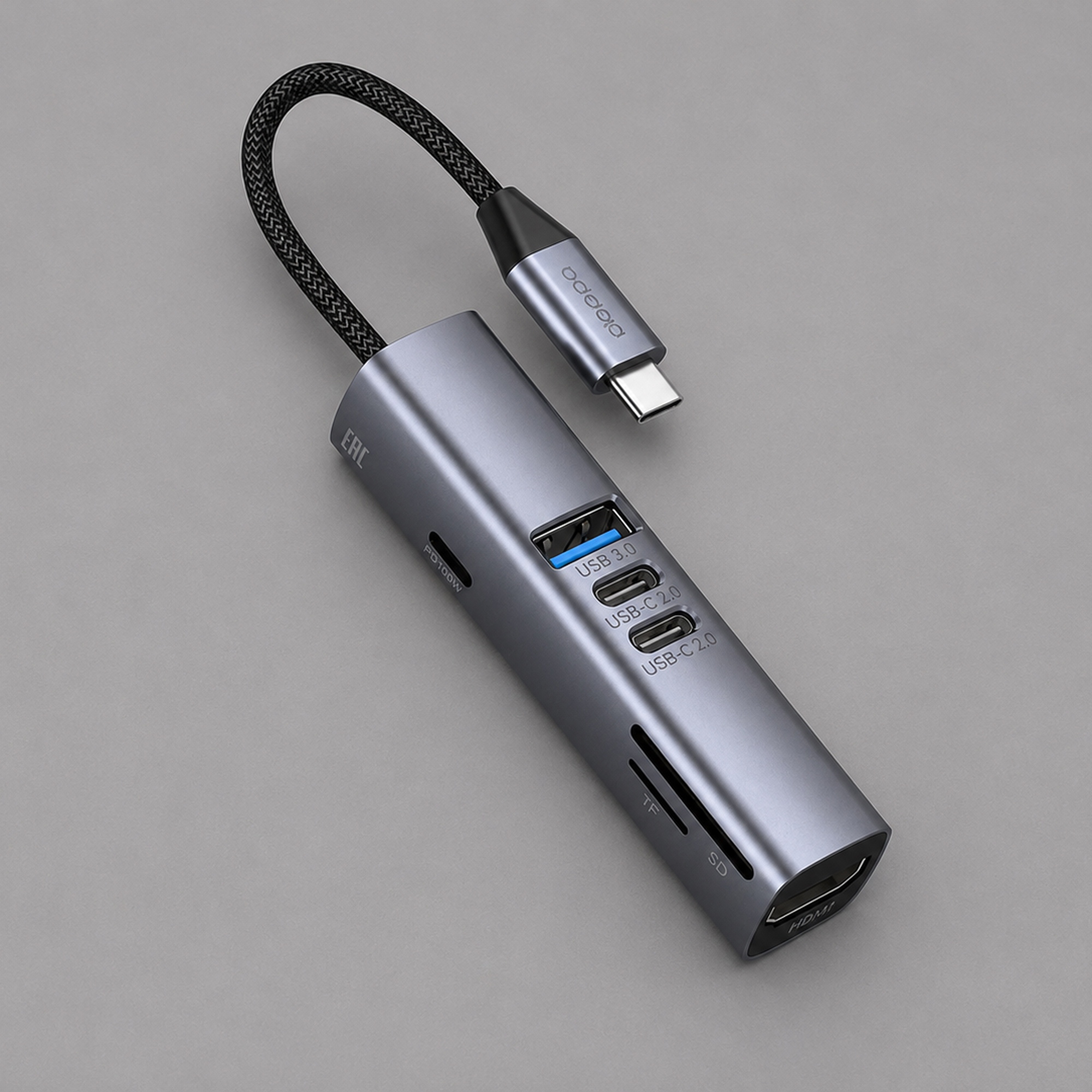 USB-хаб 7 в 1 USB-C - USB-A3.0 + 2хUSB-C + USB-C PD100Вт + HDMI + SD + microSD с логотипом Deppa | Print Logo