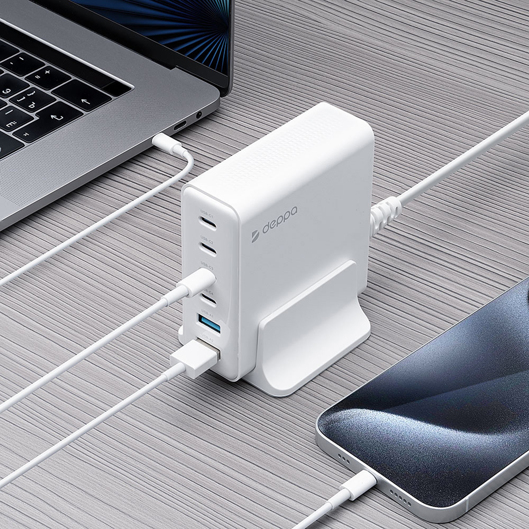 Зарядная станция 4xUSB Type-C, 2xUSB, PD, QC, 160Вт, белый, Deppa