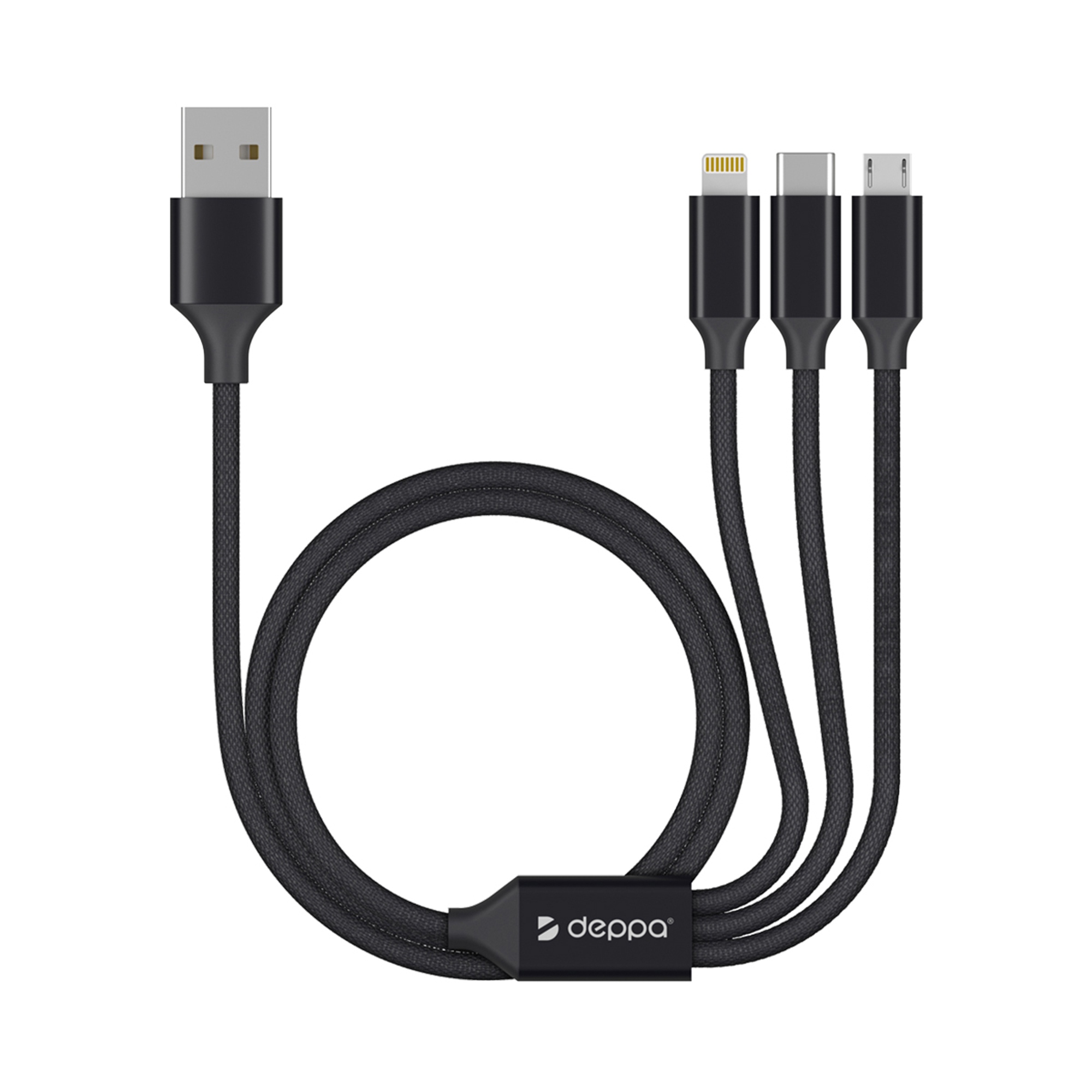 Дата-кабель 3 в 1: micro USB, USB-C, Ligthning, алюминий, 1.2м, черный, Deppa