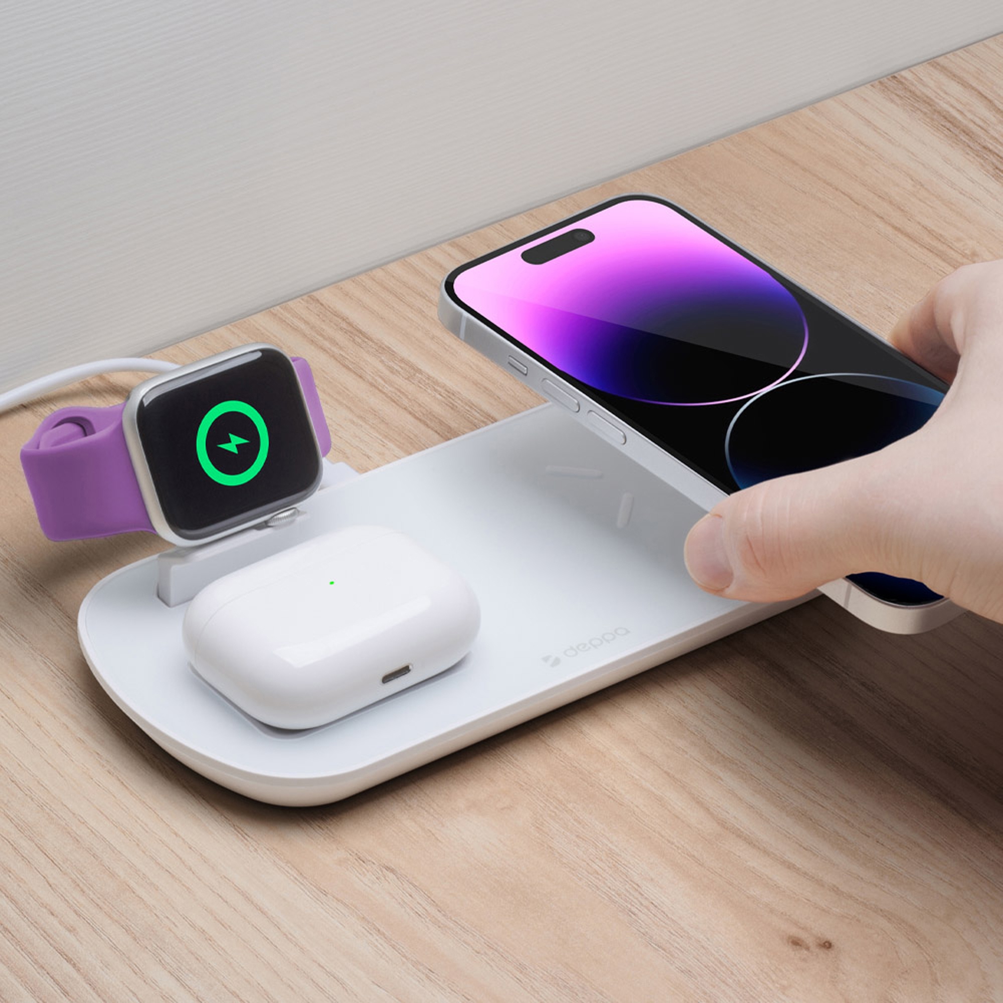 Зарядная станция 3 в 1: iPhone, Apple Watch, Airpods, беспроводная, 17,5 Вт, белая, Deppa