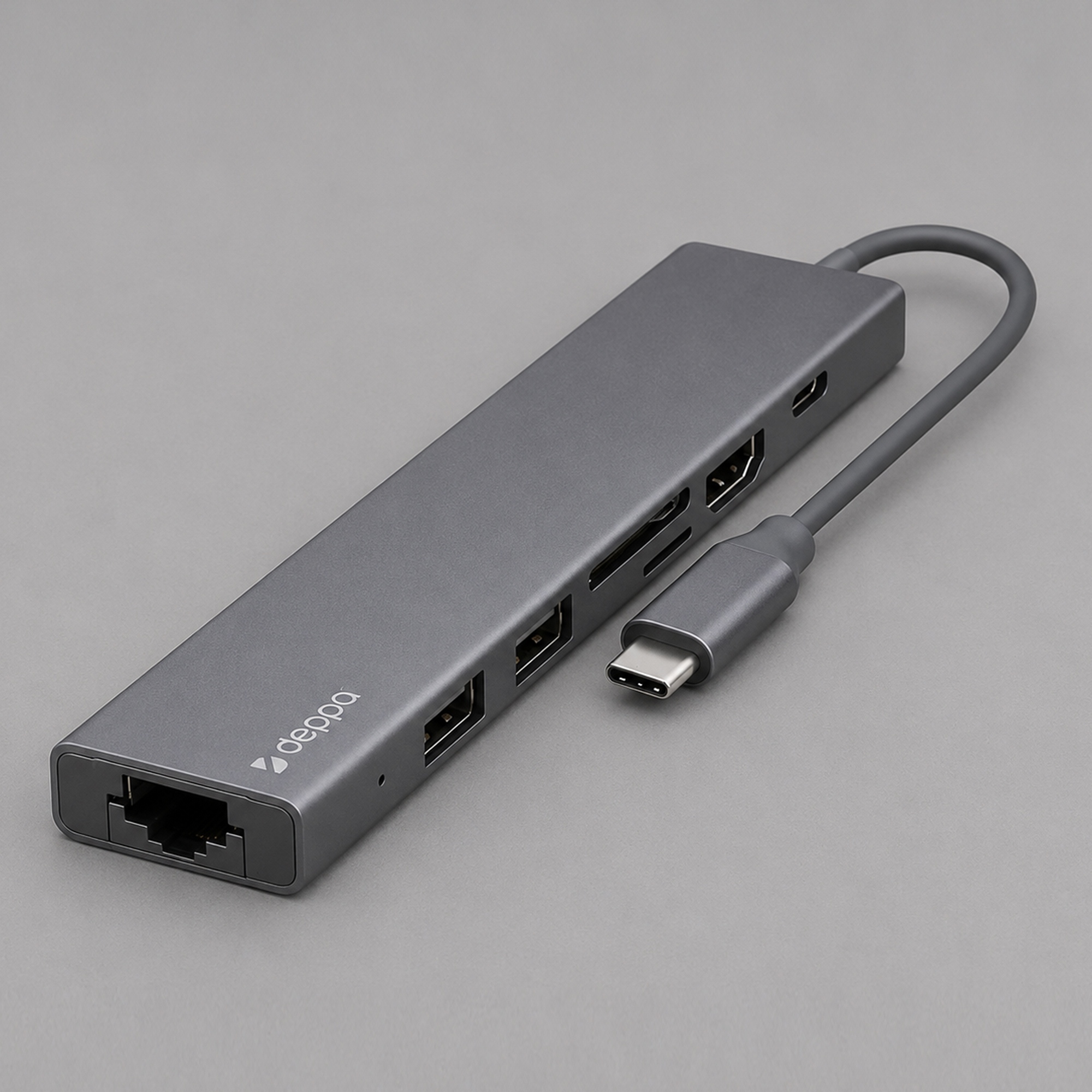 USB Type-C хаб 7-в-1, HDMI, Power Delivery, 2xUSB 3.0, RJ45, microSD/SD с логотипом Deppa | Print Logo