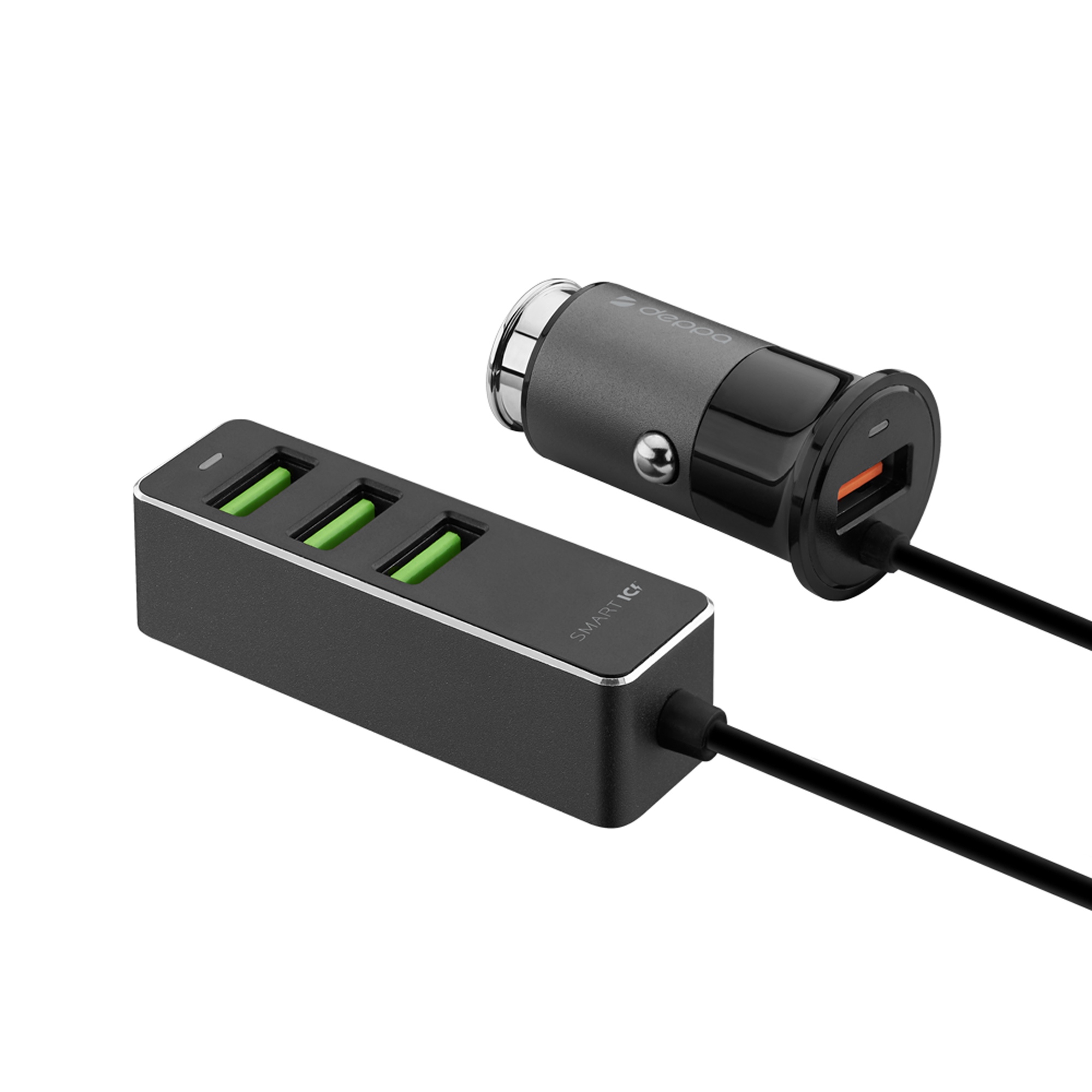 АЗУ 1 USB + 3 USB для пассажиров, QC 3.0, 7А, алюминий, графит, Deppa