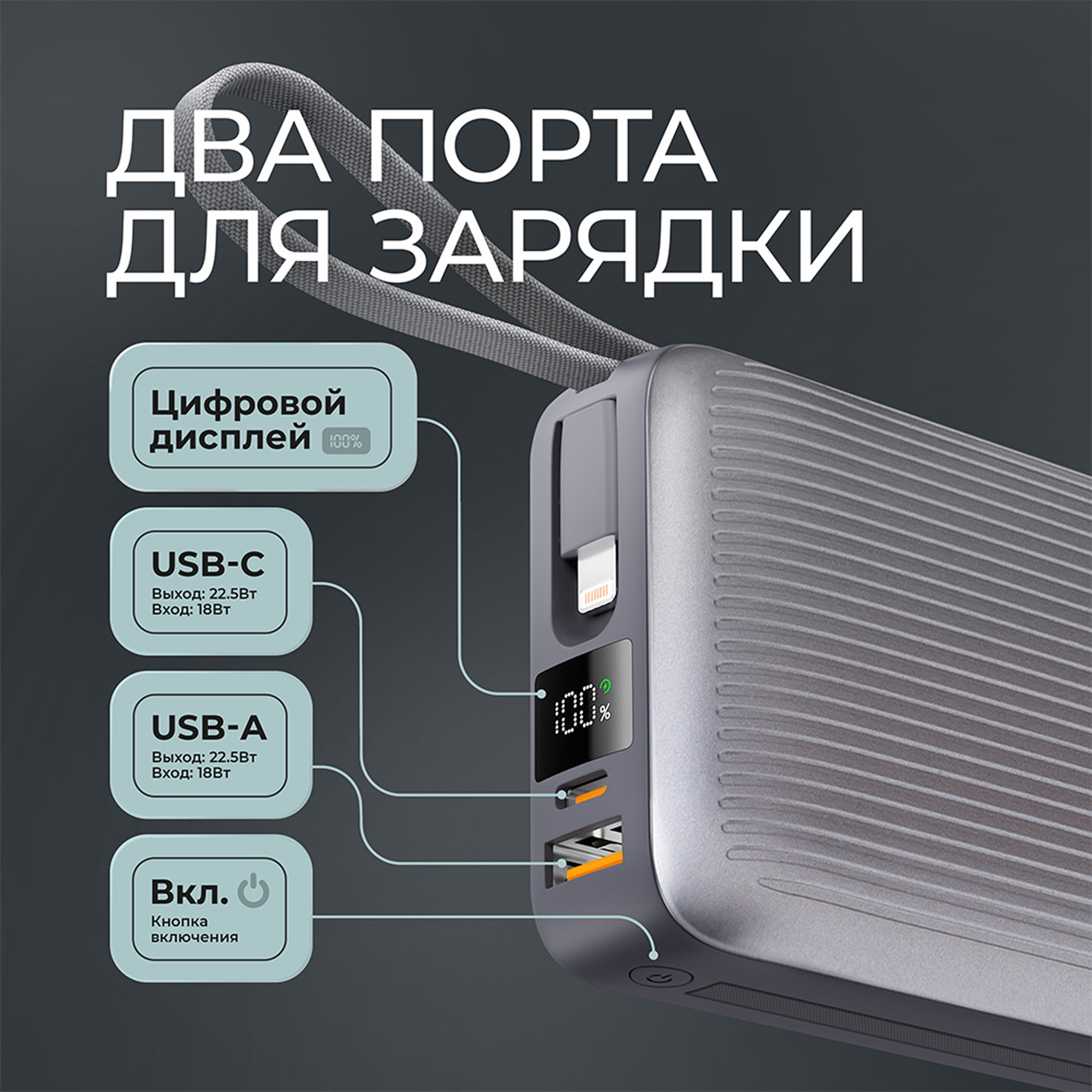 Внешний АКБ NRG Turbo Cable 20000 mAh, 22,5Вт, графит, Deppa
