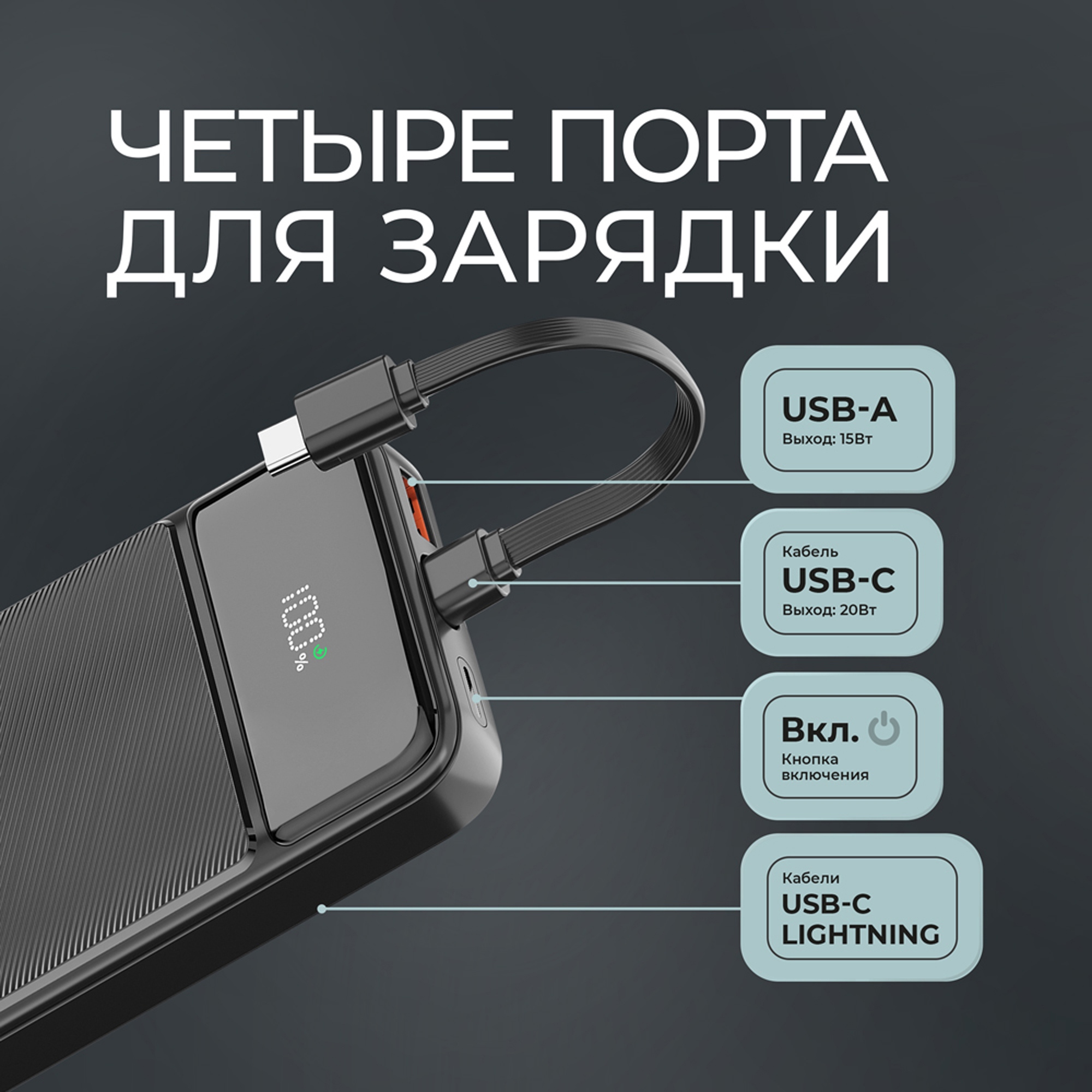 Внешний АКБ NRG Turbo V4c 10000 мА-ч, дисплей, черный, Deppa