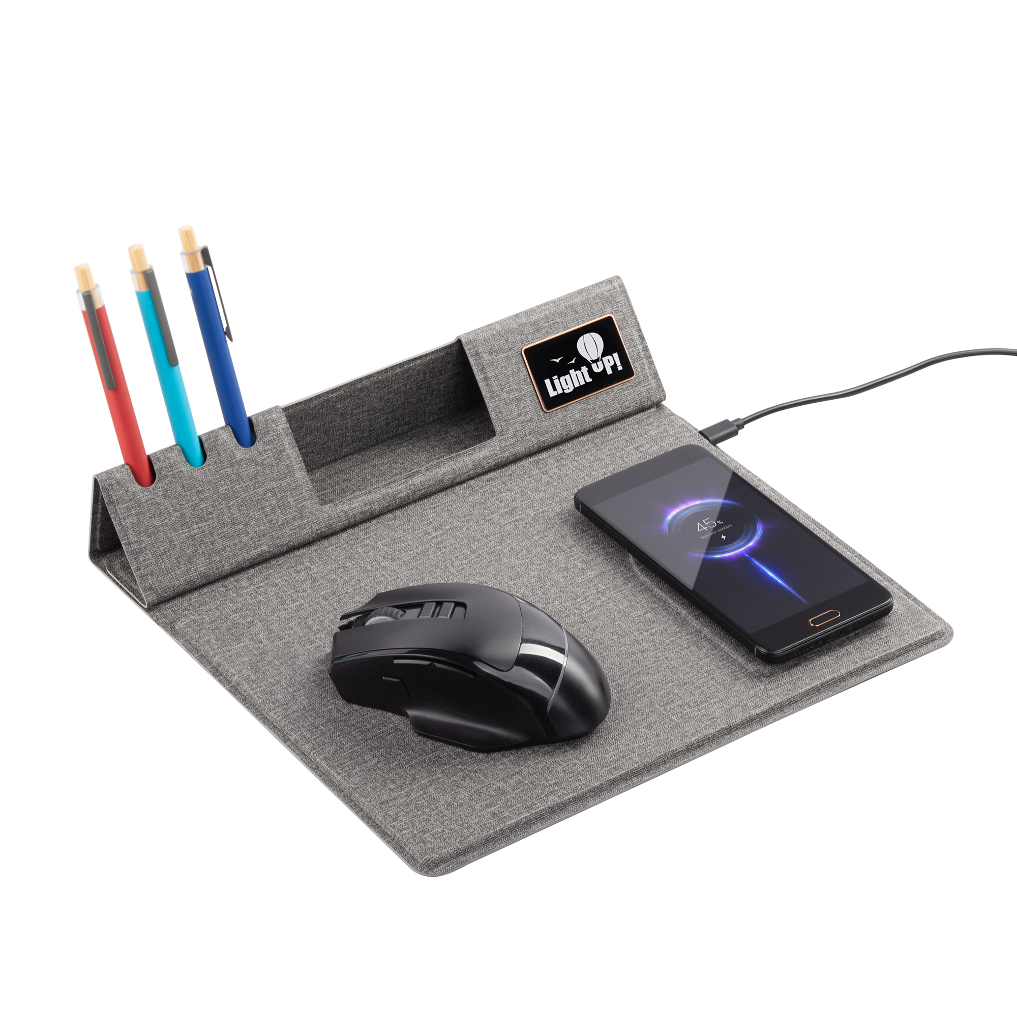 Настольная складная подставка "Cool Mat" с беспроводным (15W) зарядным устройством, сенсорной подсветкой логотипа и ковриком для мыши, серый