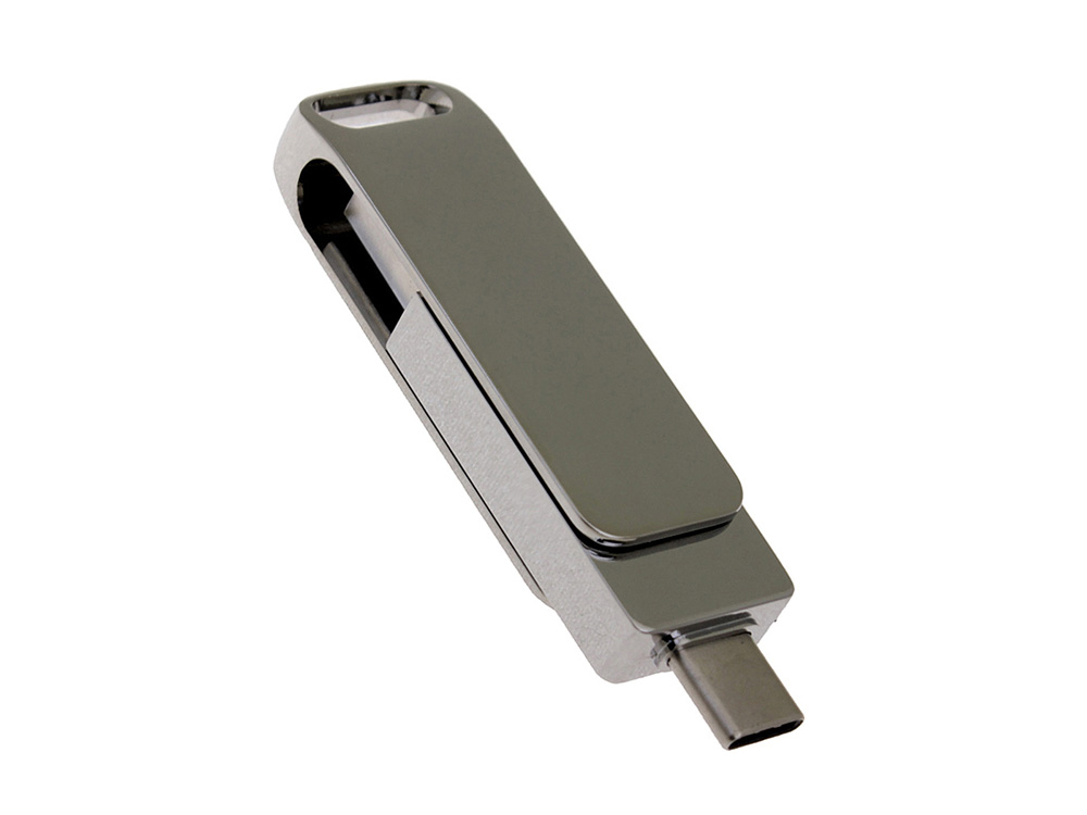USB 2.0- флешка на 32 Гб поворотный механизм 2 в 1, c дополнительным разъемом Type-C с одноцветным металлическим клипом, серебристый