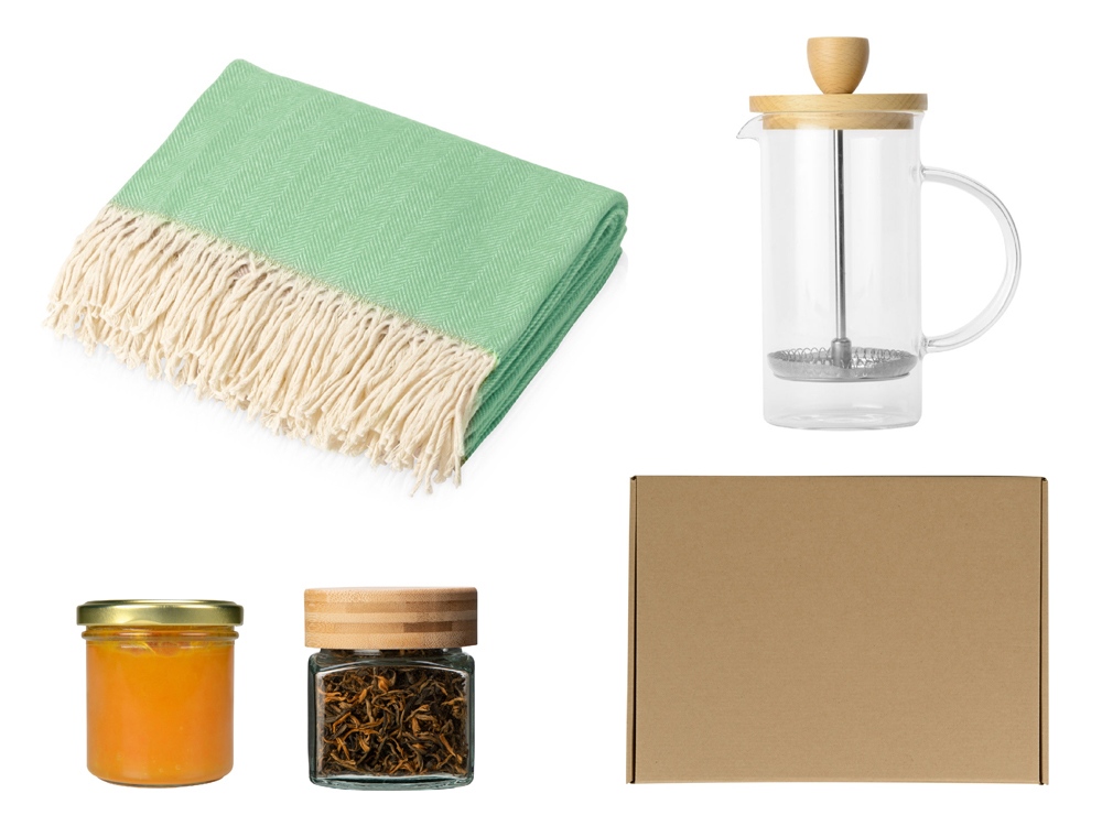 Подарочный набор с пледом, френчпрессом, чаем и вареньем с логотипом  | Print Logo