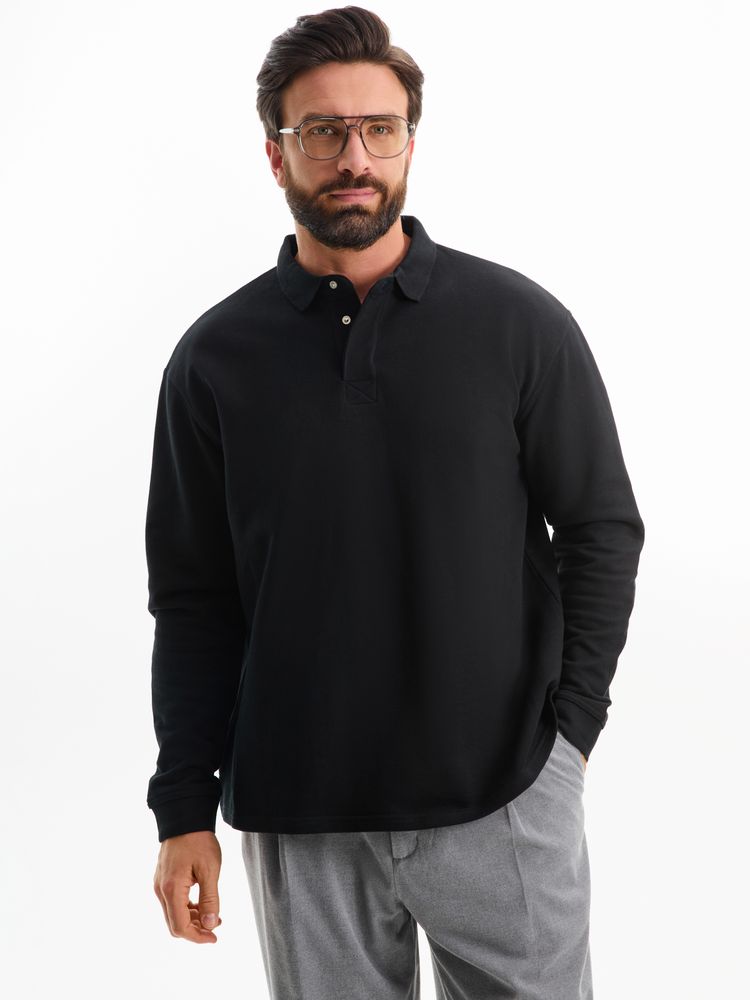 Рубашка поло оверсайз с длинным рукавом Heritage, черная, размер 4XL