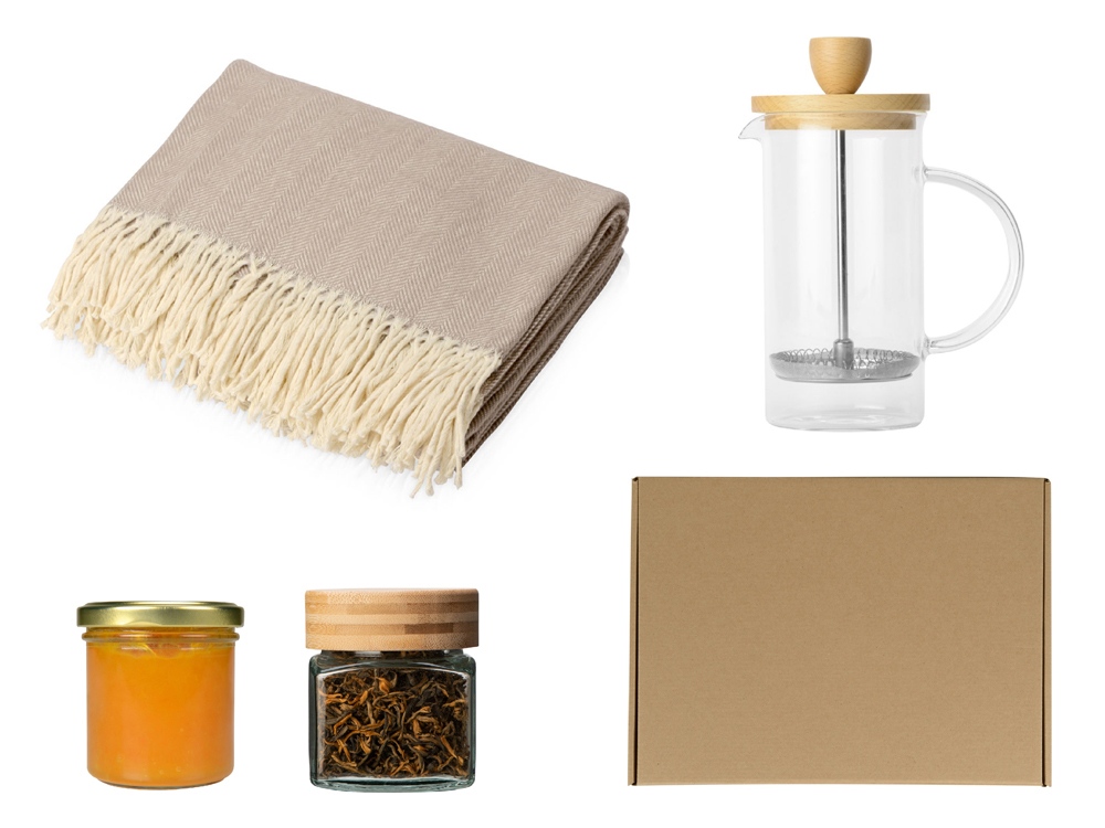 Подарочный набор с пледом, френчпрессом, чаем и вареньем с логотипом  | Print Logo