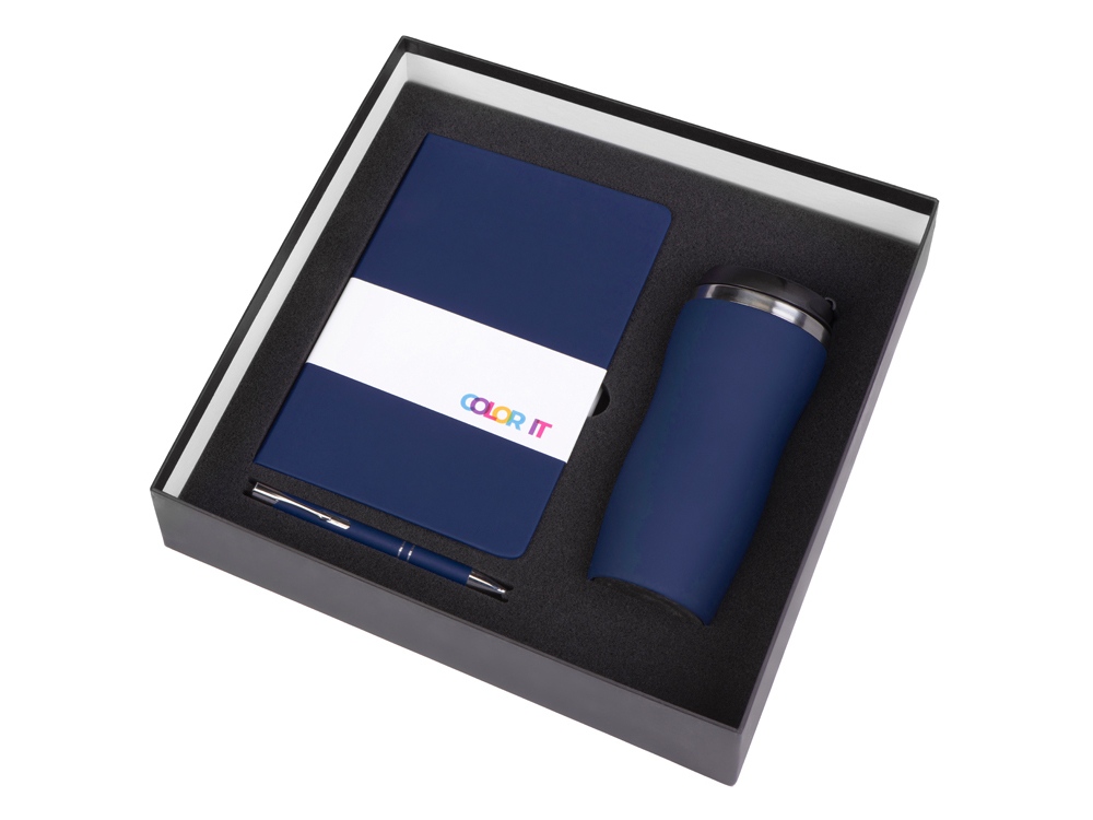 Подарочный набор с блокнотом С3, металлической ручкой и термокружкой, темно-синий