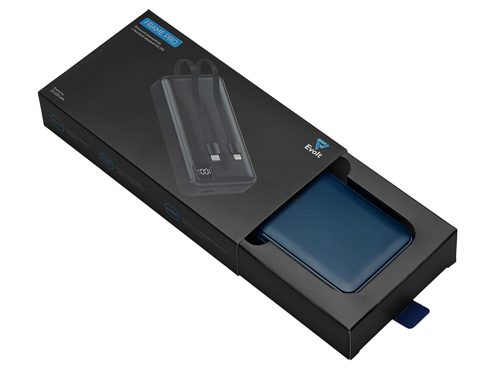 Внешний аккумулятор со встроенными кабелями Фрэйм Про, быстрая зарядка, 20000мач, тёмно-синий