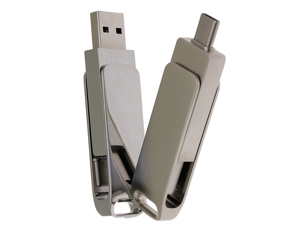 USB 2.0- флешка на 32 Гб поворотный механизм 2 в 1, c дополнительным разъемом Type-C с одноцветным металлическим клипом, серебристый
