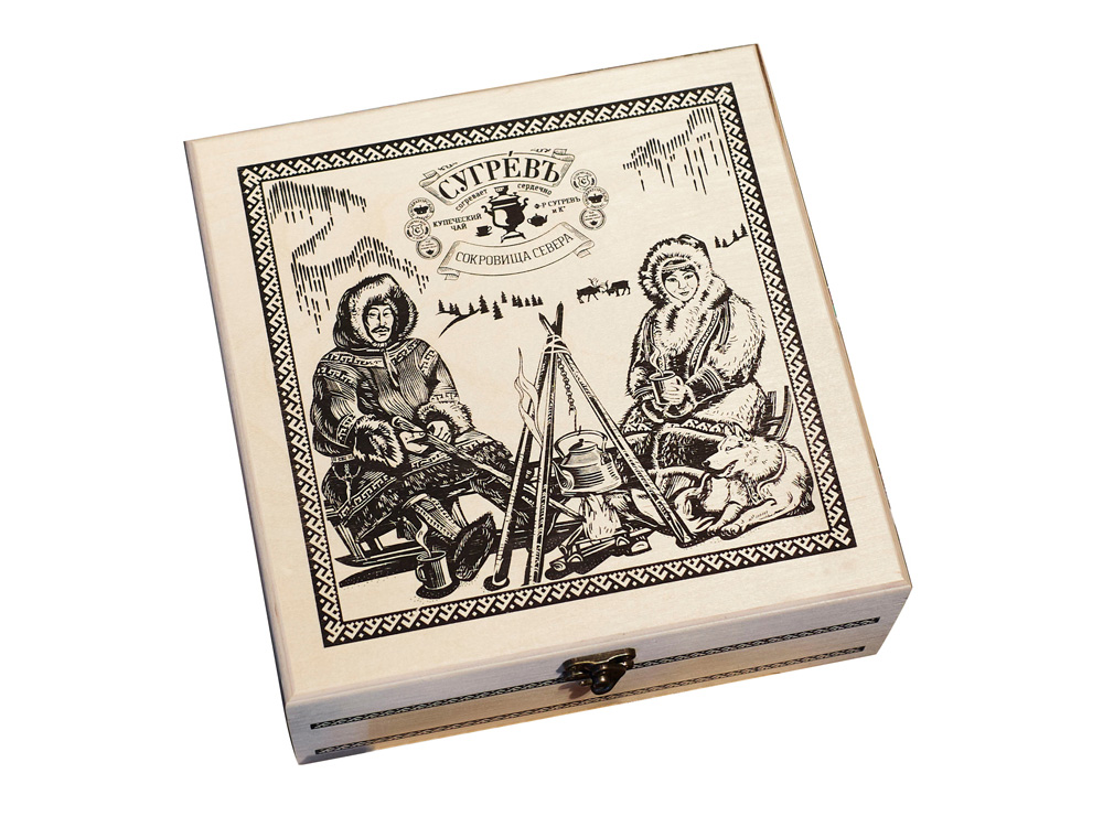 Подарочный набор c чаем Сокровища Севера в деревянной шкатулке с логотипом СУГРЕВЪ | Print Logo