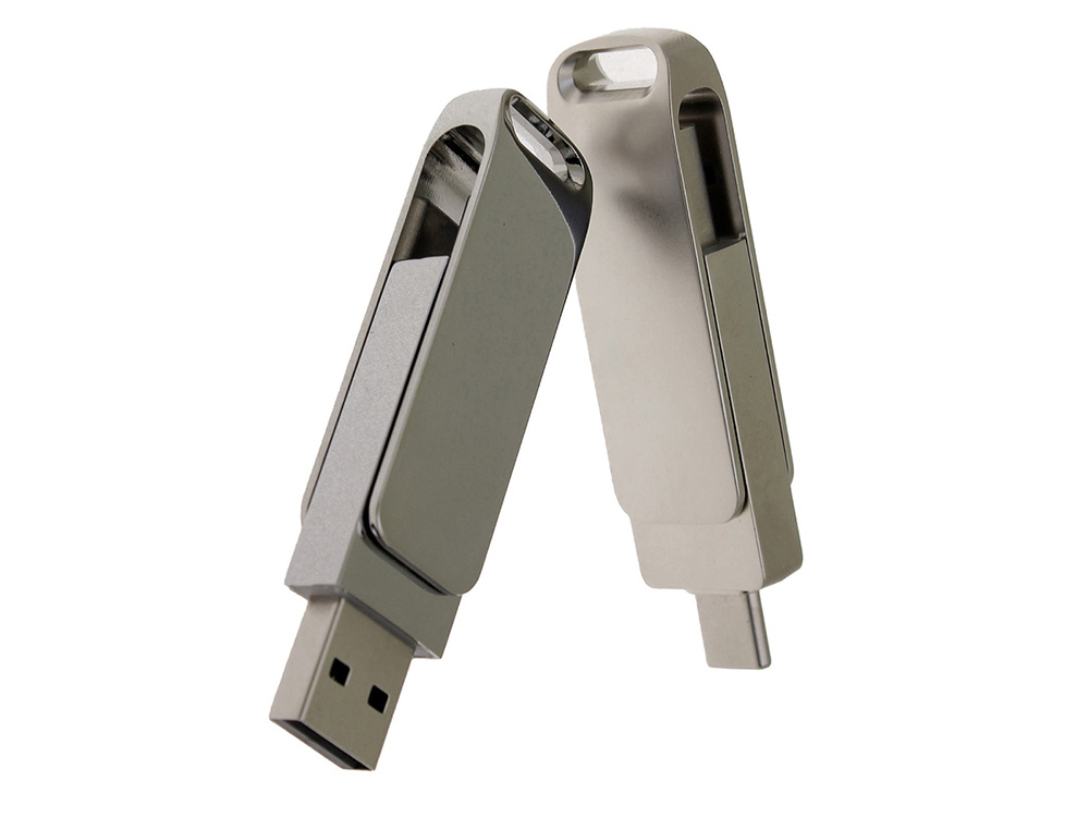 USB 2.0- флешка на 32 Гб поворотный механизм 2 в 1, c дополнительным разъемом Type-C с одноцветным металлическим клипом, серебристый