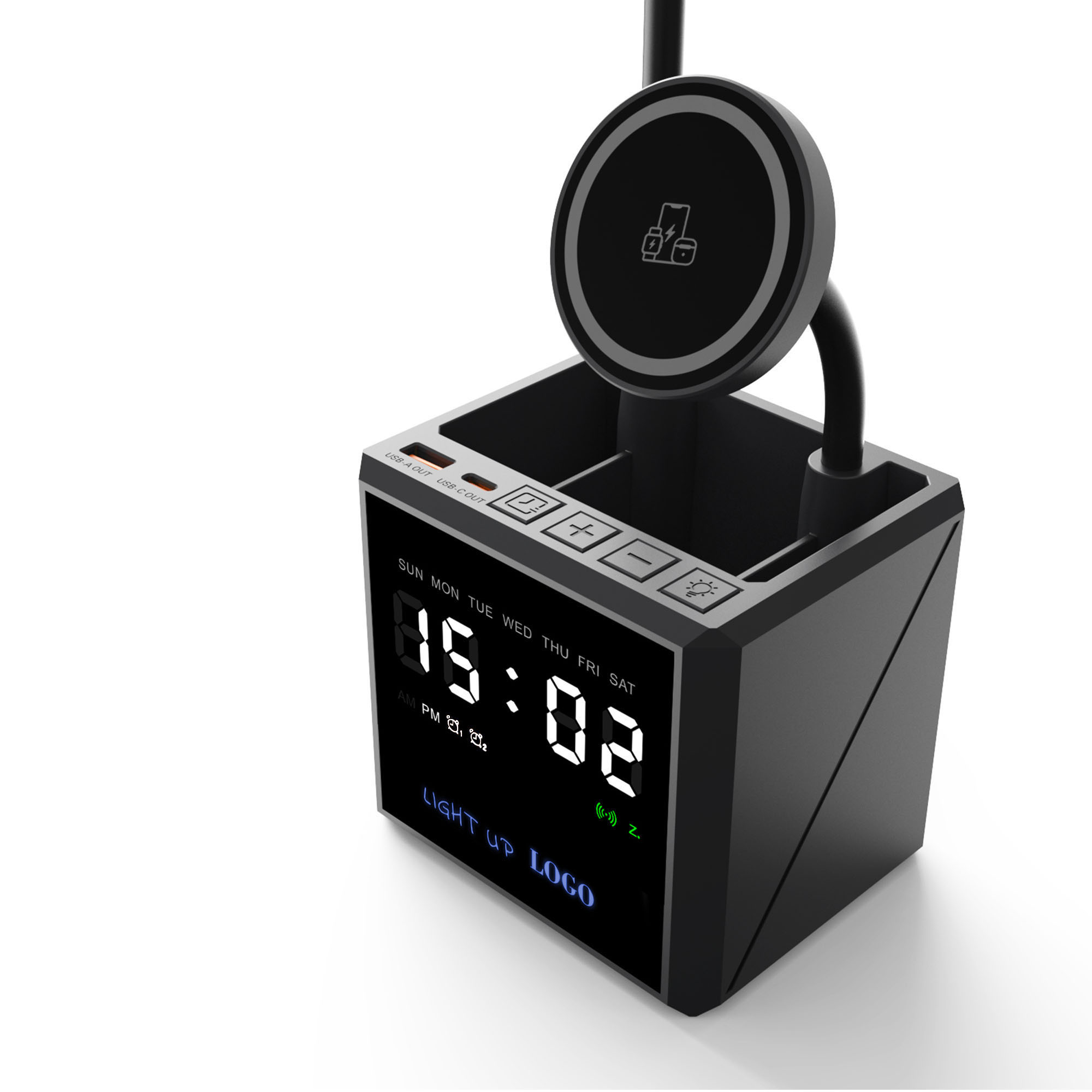 Лампа "Smart Flex" с беспроводным 3в1 (15W) ЗУ с MagSafe, часами, карандашницей и подсветкой логотипа фото на сайте Print Logo.