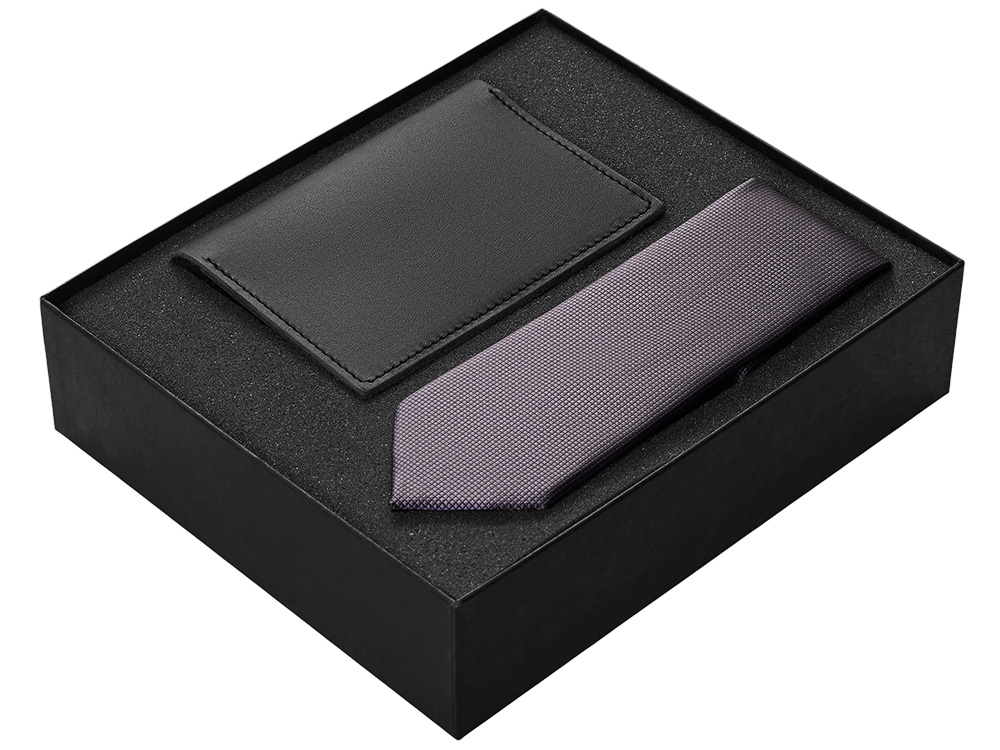 Подарочный набор Long River: обложка для паспорта, галстук (без лого Long River), черная коробка