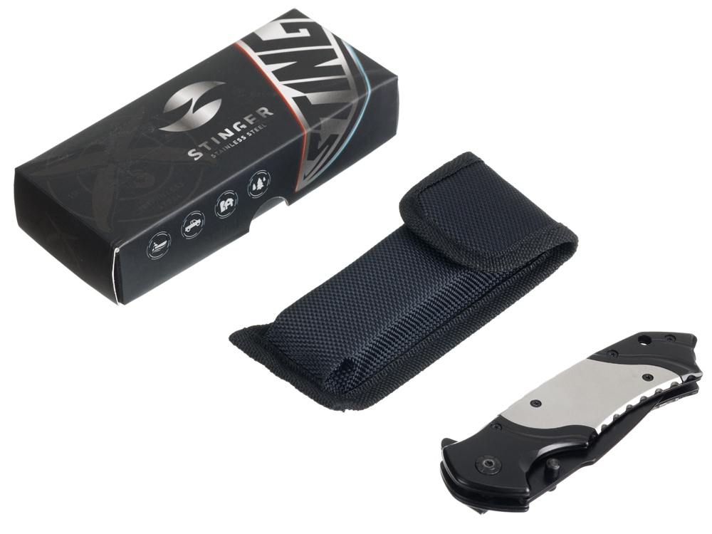 Нож складной Stinger, 120 мм, (черный), материал рукояти: нержавеющая сталь (серебристый/черный)