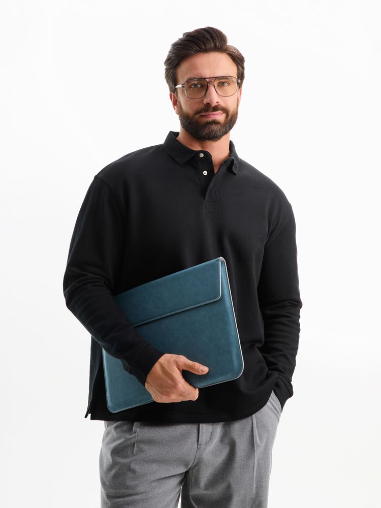 Рубашка поло оверсайз с длинным рукавом Heritage, черная, размер 4XL