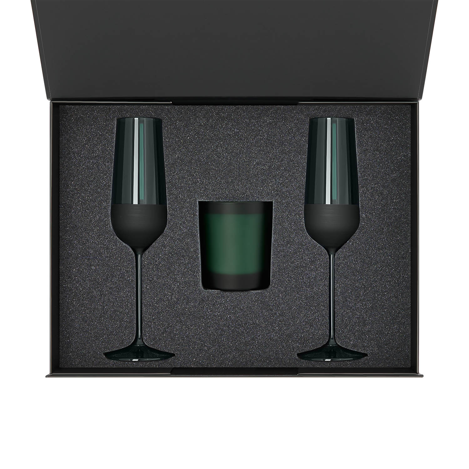 Ложемент под свечу Enigma + 2 бокала для шампанского в среднюю коробку-трансформер (арт. 695721) — пример нанесения логотипа (Portobello подарочная упаковка) | Print Logo