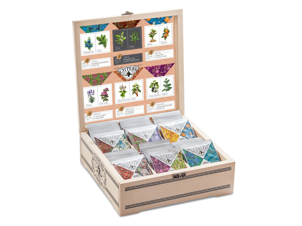 Подарочный набор с пакетированным чаем в деревянной шкатулке без лого с логотипом СУГРЕВЪ | Print Logo