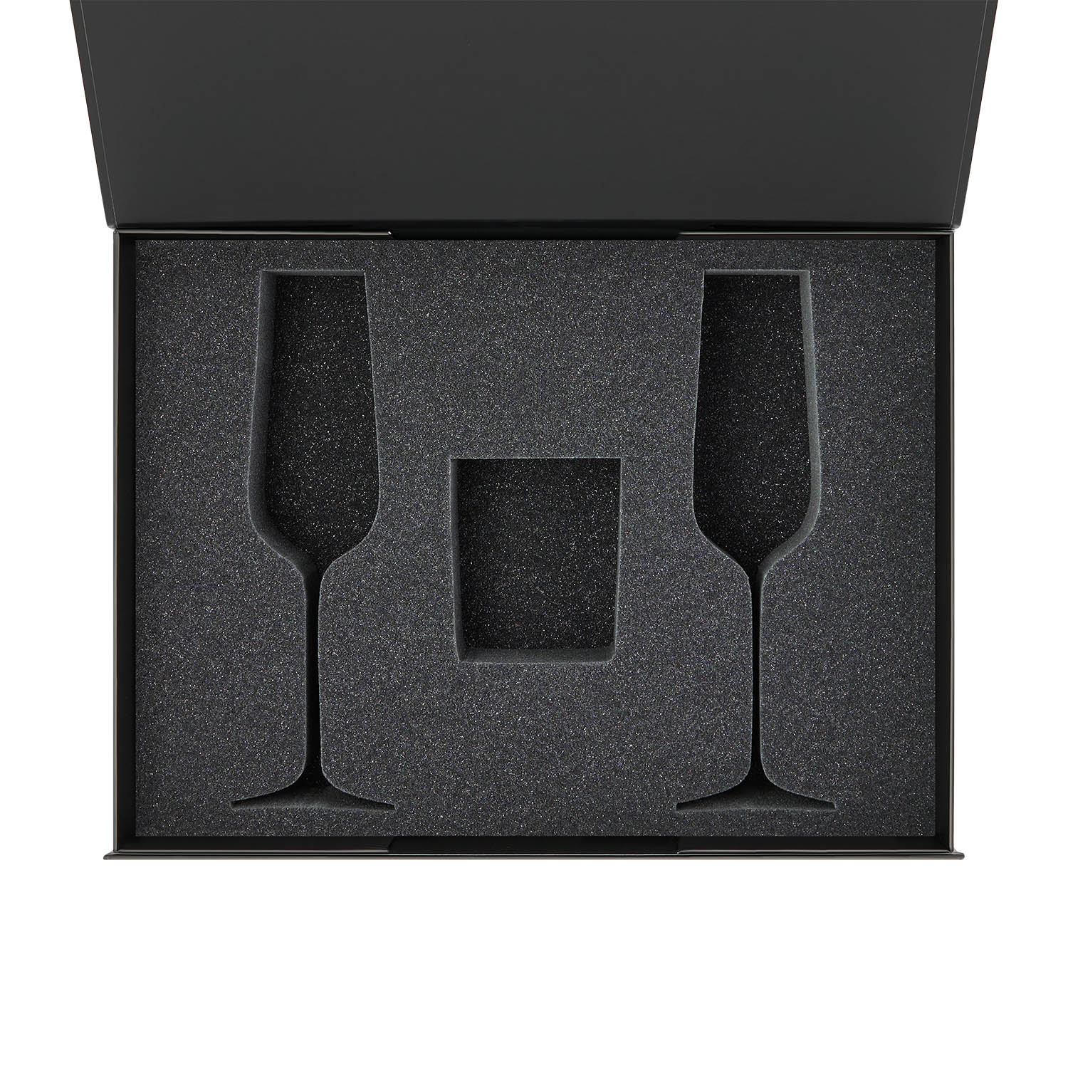 Ложемент под свечу Enigma + 2 бокала для шампанского в среднюю коробку-трансформер (арт. 695721) с логотипом Portobello подарочная упаковка | Print Logo