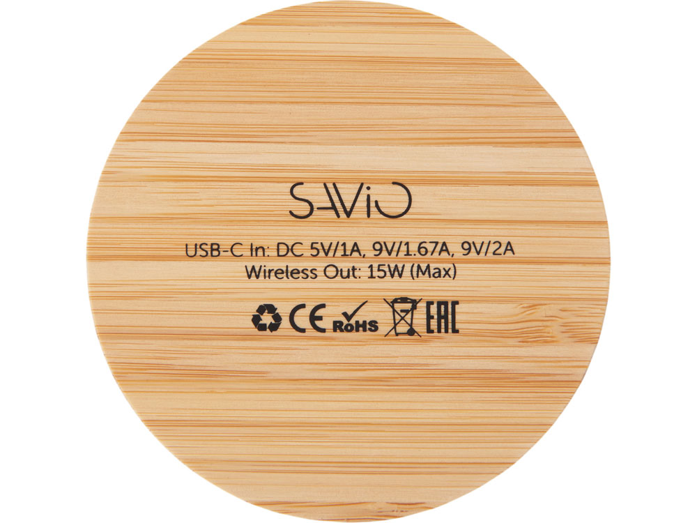 Беспроводное зарядное устройство с подсветкой лого Reedia S3, 15 Вт, бамбук, черный