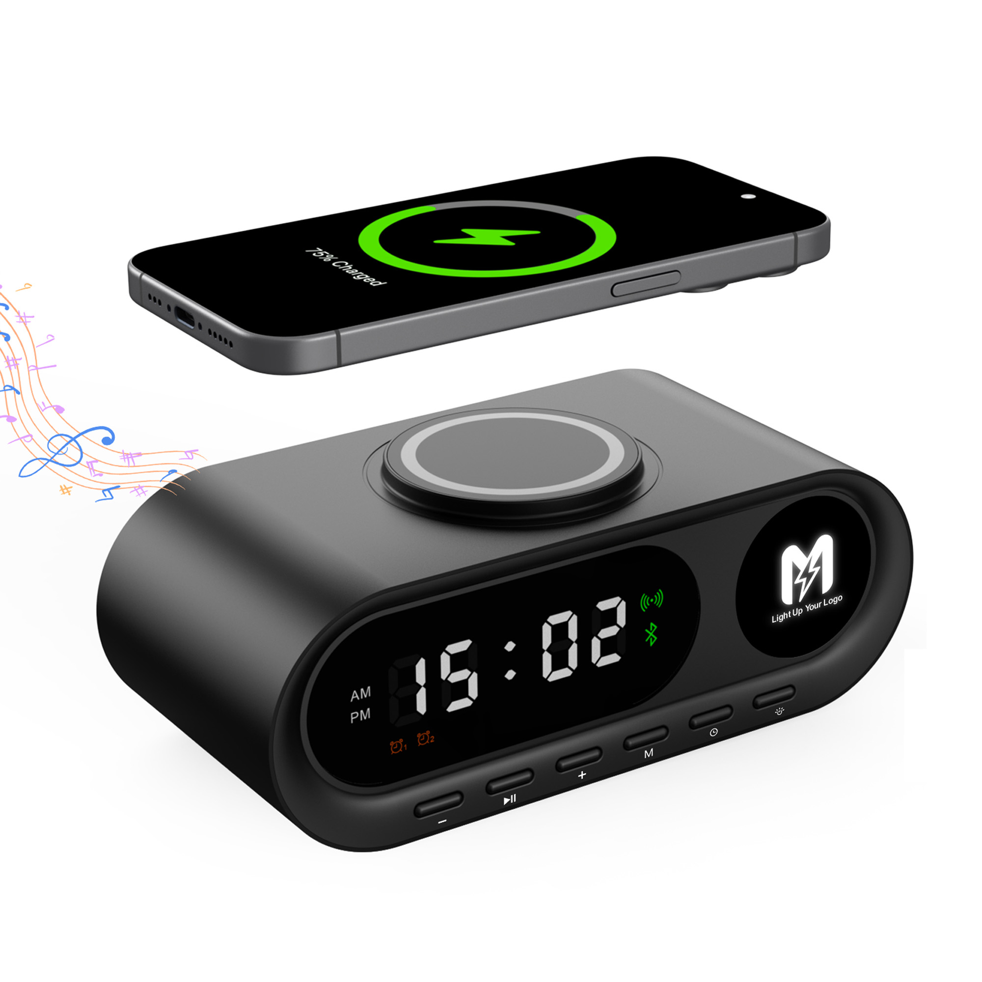 Настольные часы "Smart Hub" с bluetooth колонкой 5Вт, беспроводной (15W) зарядкой и подсветкой логотипа с логотипом smart | Print Logo