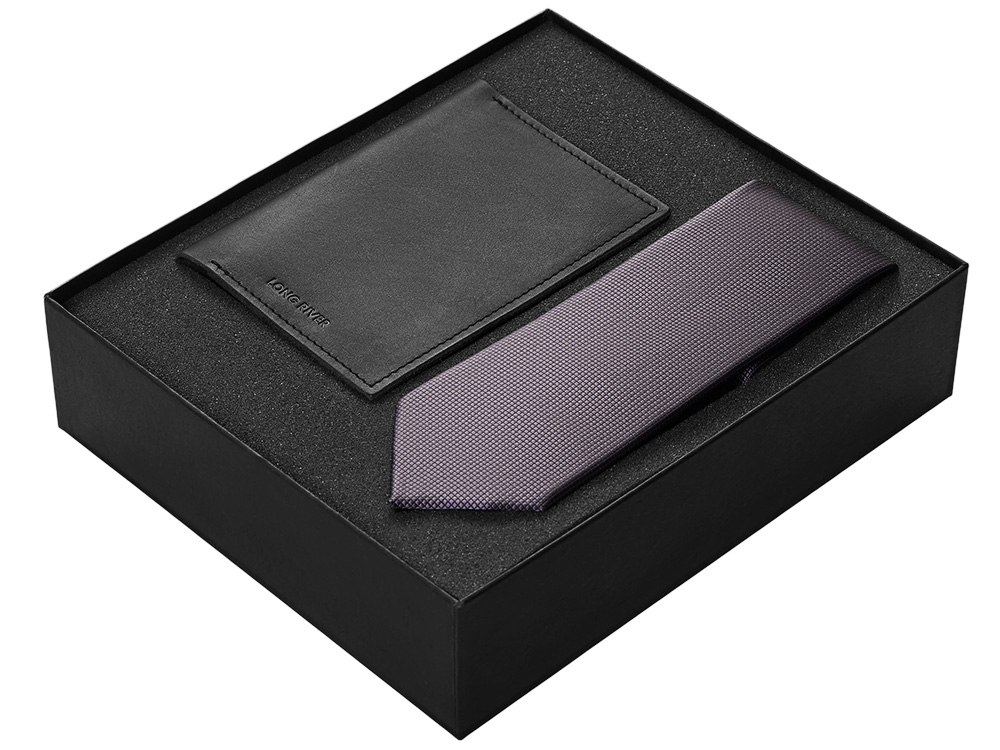 Подарочный набор Long River: обложка для паспорта, галстук, черная коробка