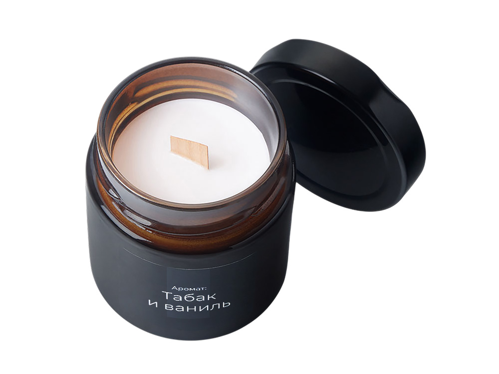 Свеча в стеклянной коричневой банке 200мл, аромат Табак и ваниль, фитиль деревянный