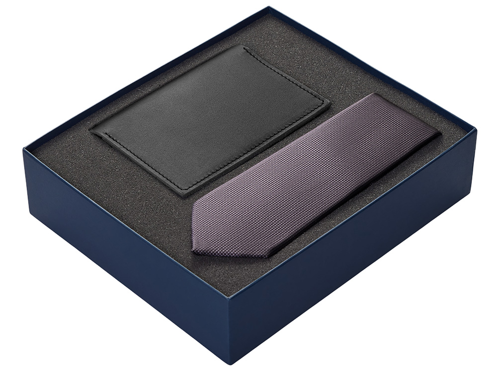 Подарочный набор Long River: обложка для паспорта, галстук (без лого Long River), синяя коробка