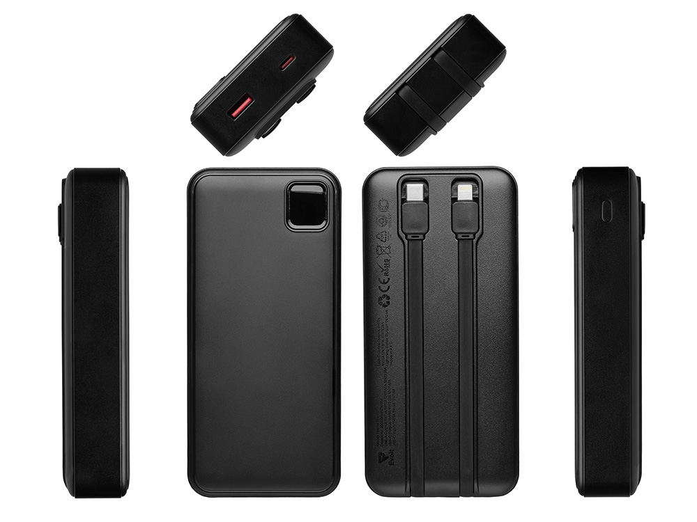 Внешний аккумулятор со встроенными кабелями Фрэйм Про, быстрая зарядка, 20000мач, черный