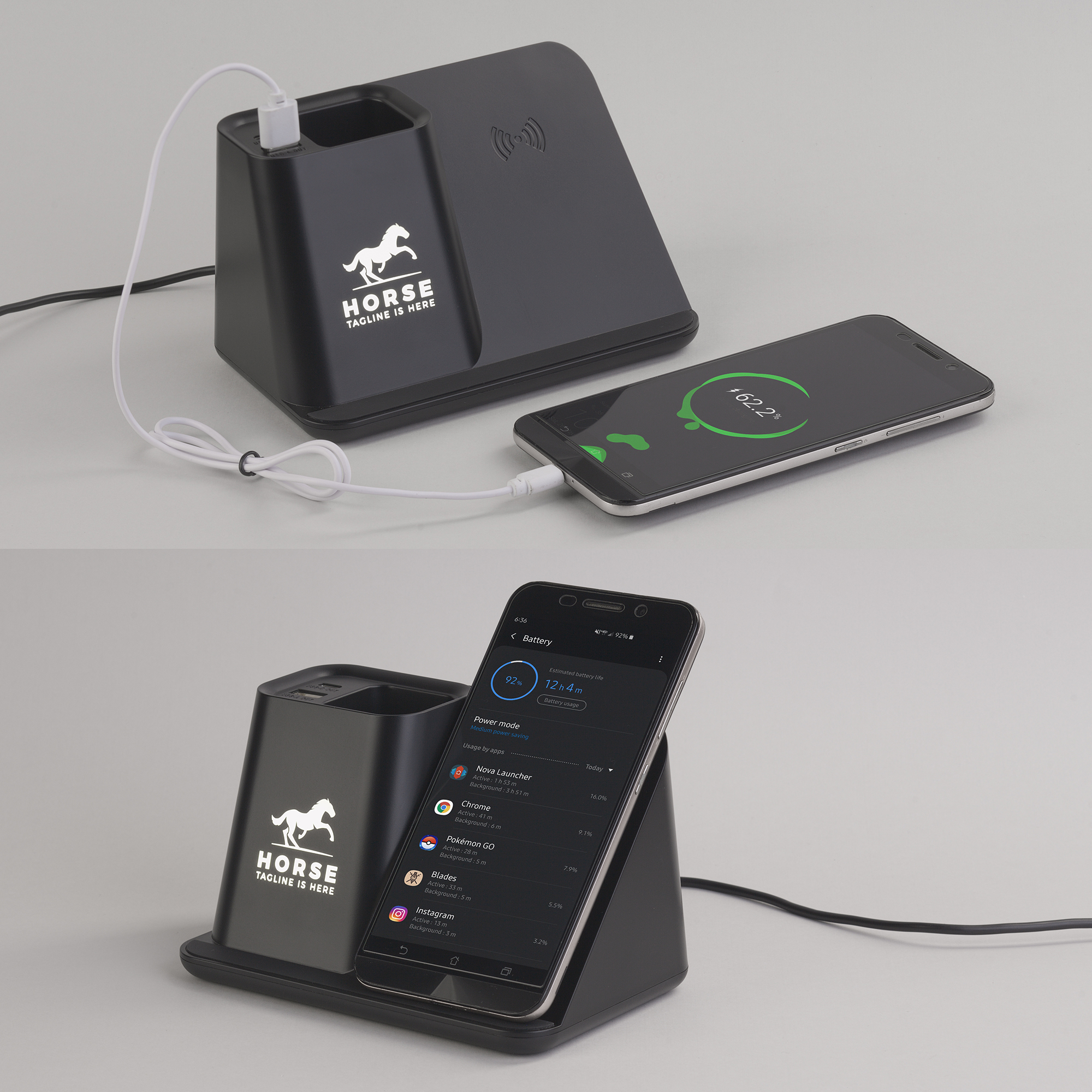 Карандашница "Black Star" с беспроводным (10W) зарядным устройством, вентилятором и лампой, с подсветкой логотипа фото на сайте Print Logo.