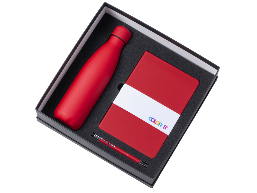 Подарочный набор с блокнотом С3, металлической ручкой и термобутылкой, красный
