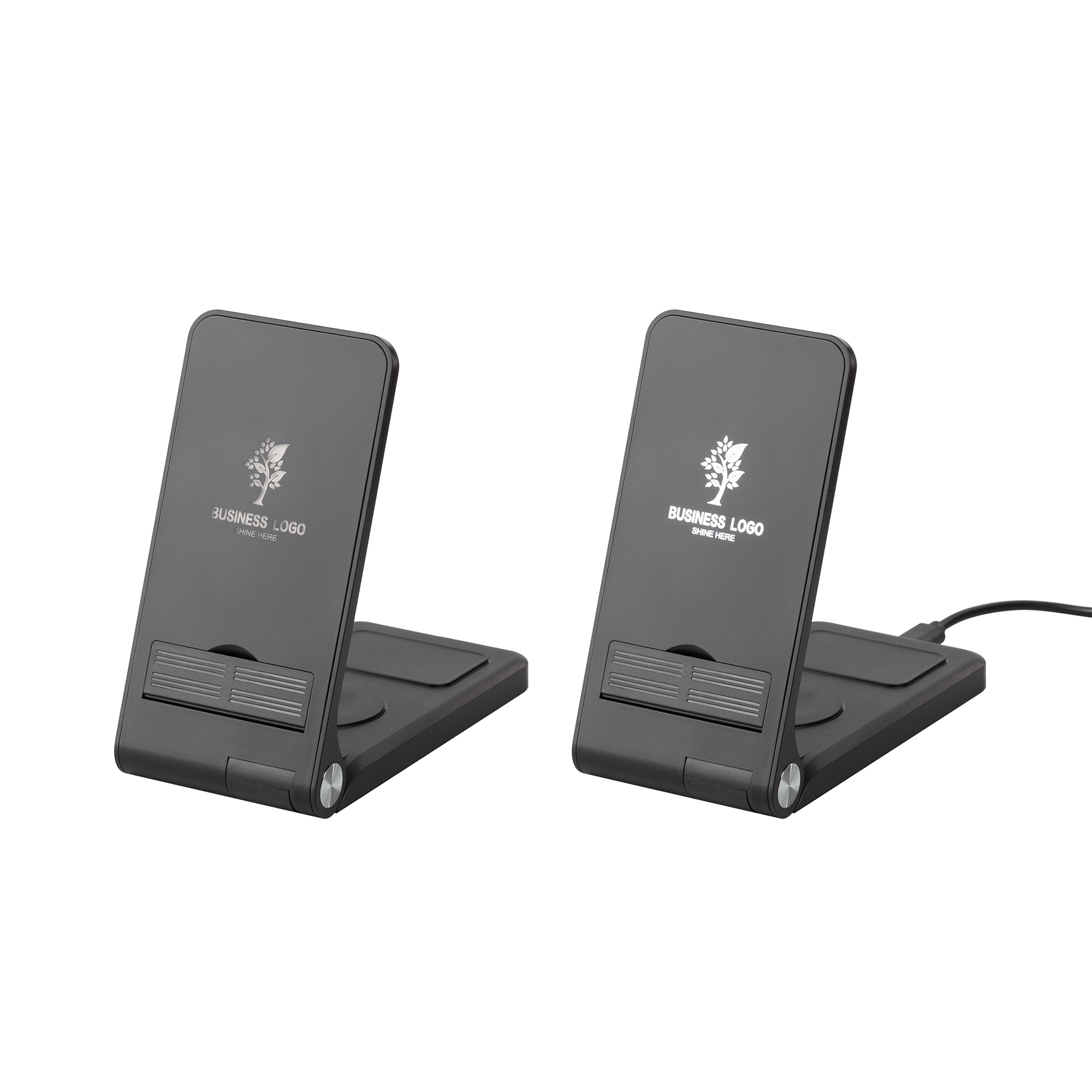 Складная беспроводная (15W) зарядная станция "Clap" с подсветкой логотипа и подставкой для смартфона фото на сайте Print Logo.