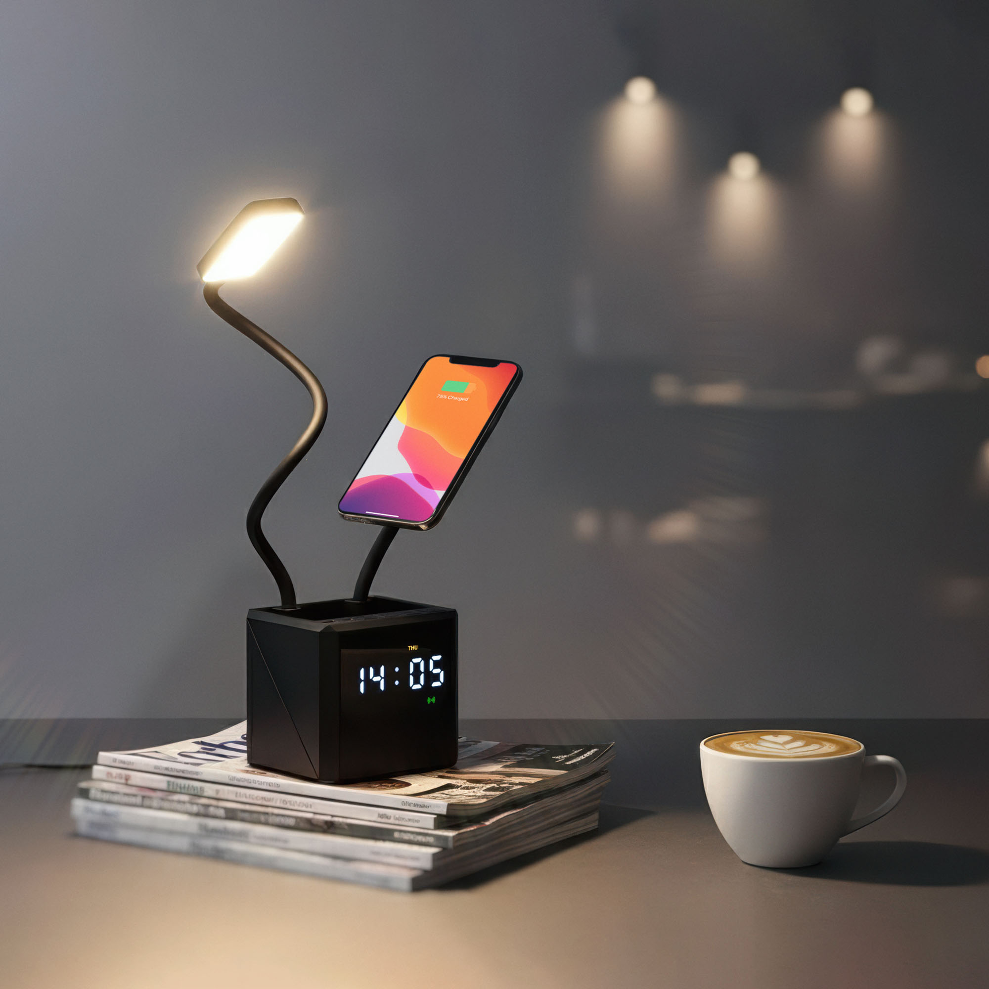 Лампа "Smart Flex" с беспроводным 3в1 (15W) ЗУ с MagSafe, часами, карандашницей и подсветкой логотипа фото на сайте Print Logo.