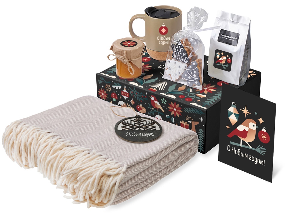 Подарочный набор c пледом, кружкой и вареньем, бежевый