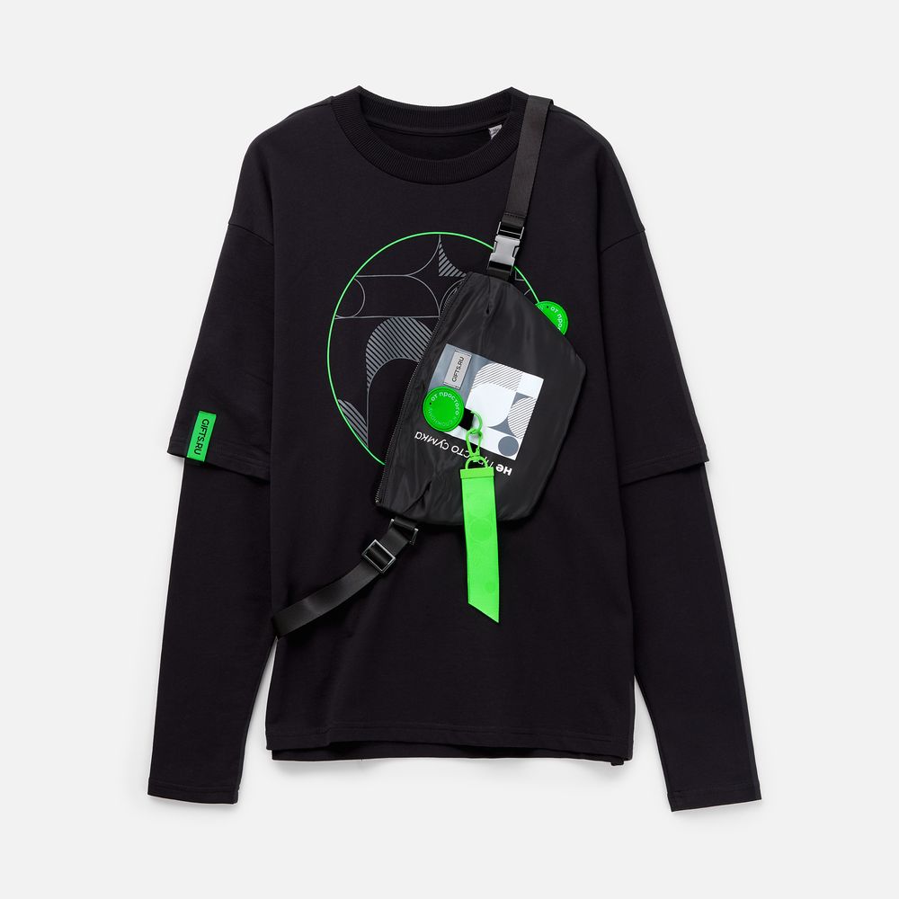 Футболка оверсайз с двойным рукавом Kosmos, черная, размер XS/S