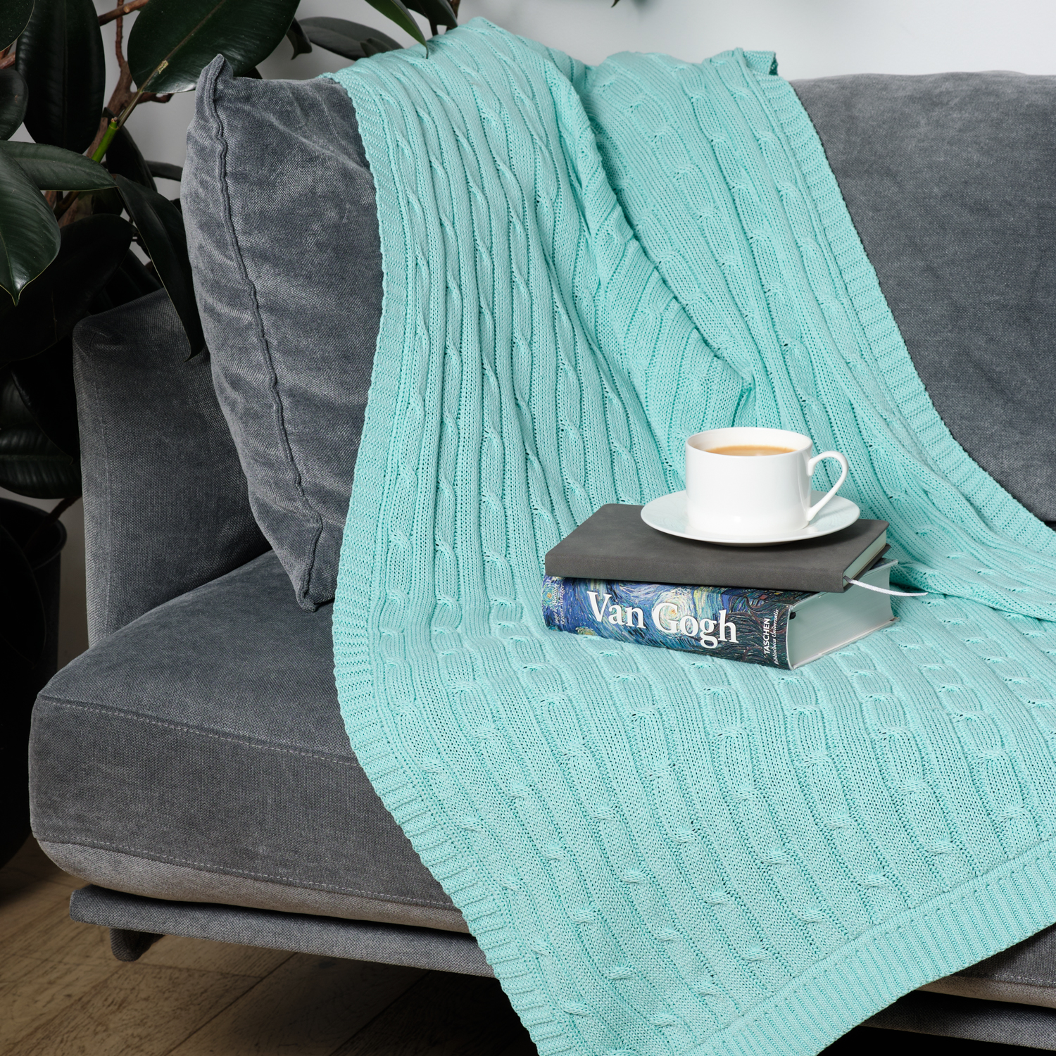 Плед Фадо (Fado) вязаный, аква (без подарочной коробки)