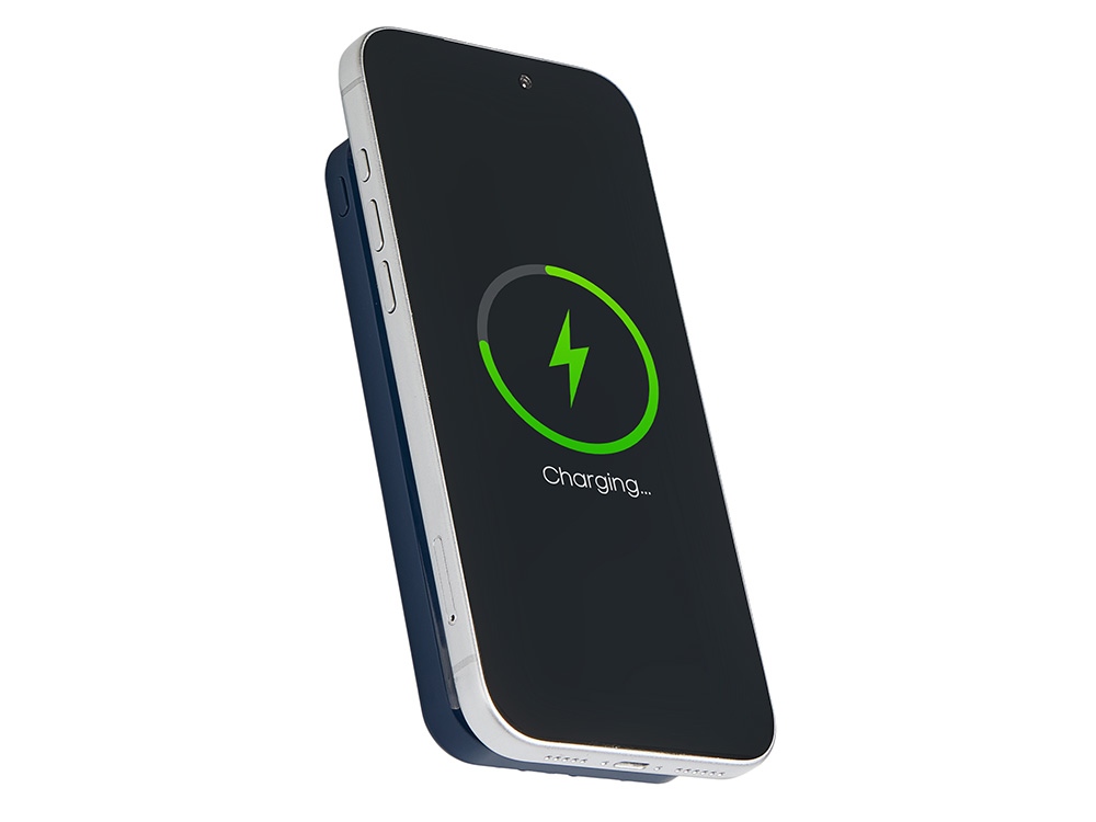 Магнитный беспроводной внешний аккумулятор со встроенными кабелями Мэни,быстаря зарядка, 10000 мАч, тёмно-синий