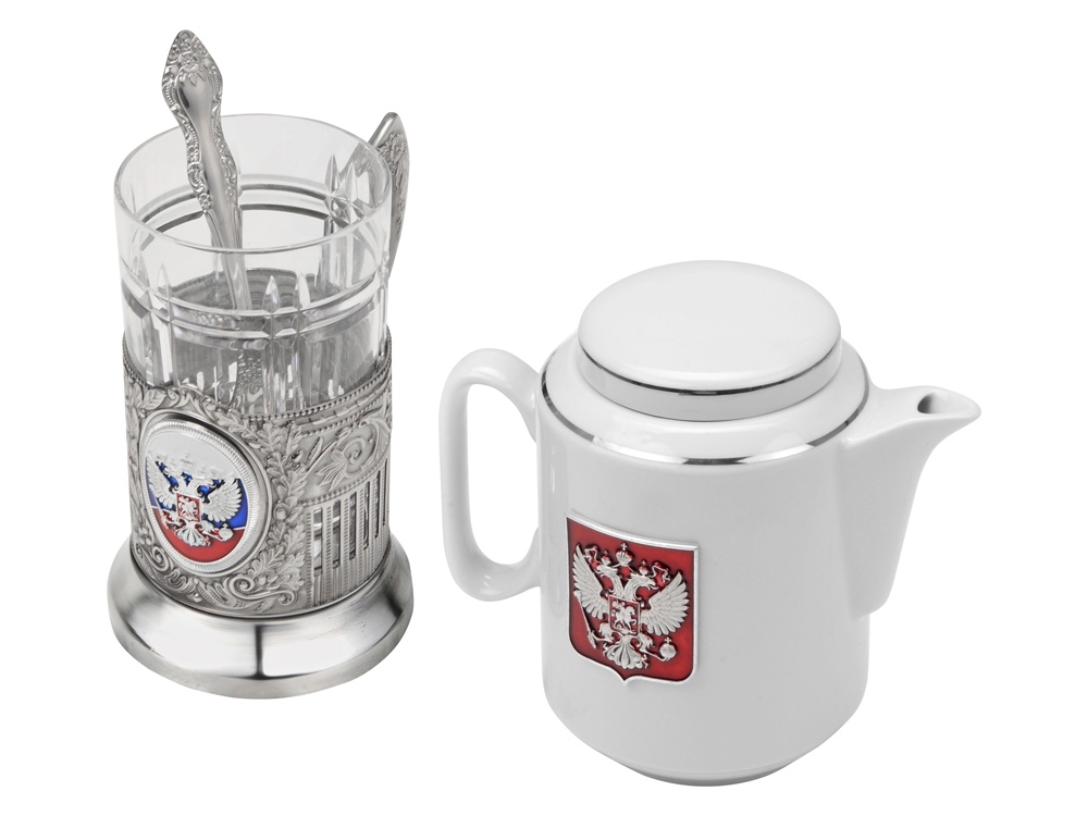 Чайный набор с подстаканником и фарфоровым чайником ЭГОИСТ-М, серебристый/белый