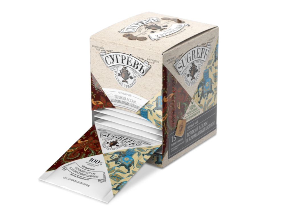 Чёрный чай Терпкий Ассам и ароматный Цейлон в индивидуальных саше с логотипом СУГРЕВЪ | Print Logo