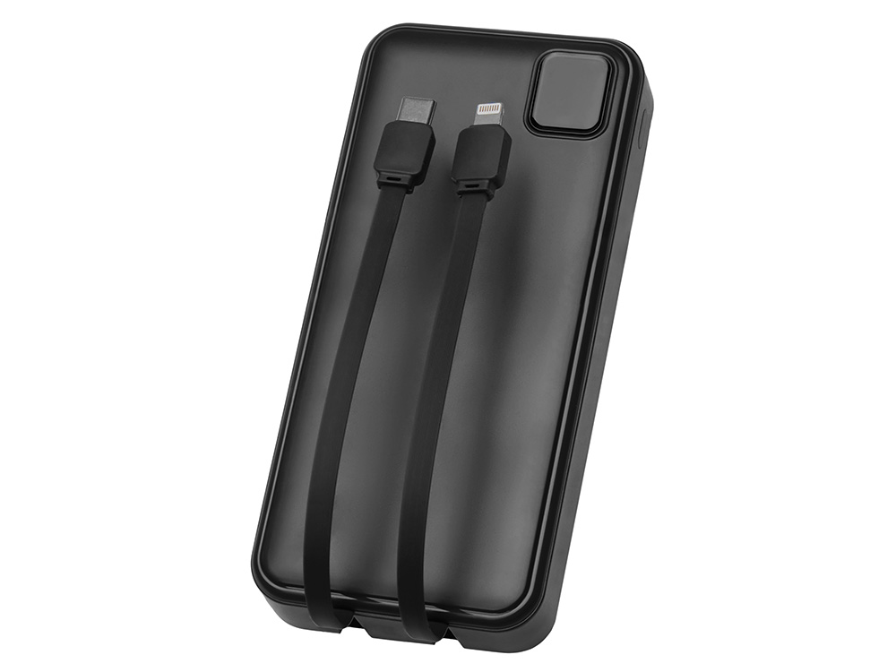 Внешний аккумулятор со встроенными кабелями Фрэйм Про, быстрая зарядка, 20000мач, черный