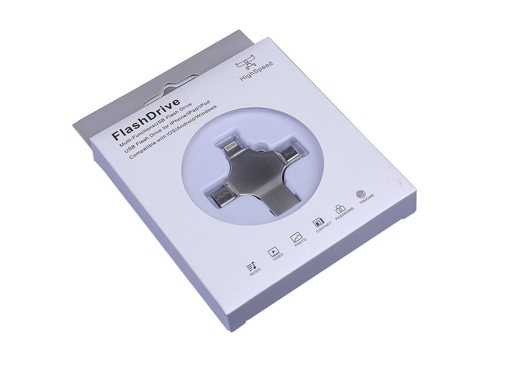 USB-флешка на 128 Гб 4 в 1 поворотный механизм, c дополнительными разъемами MicroUSB, TypeC и Lightning, серебристый